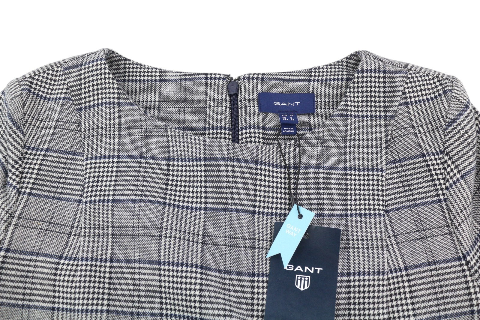 GANT languota platėjančios formos moteriška suknelė EU36 pilka 3/4 rankovėmis apvaliu kaklu languotas raštas mini 