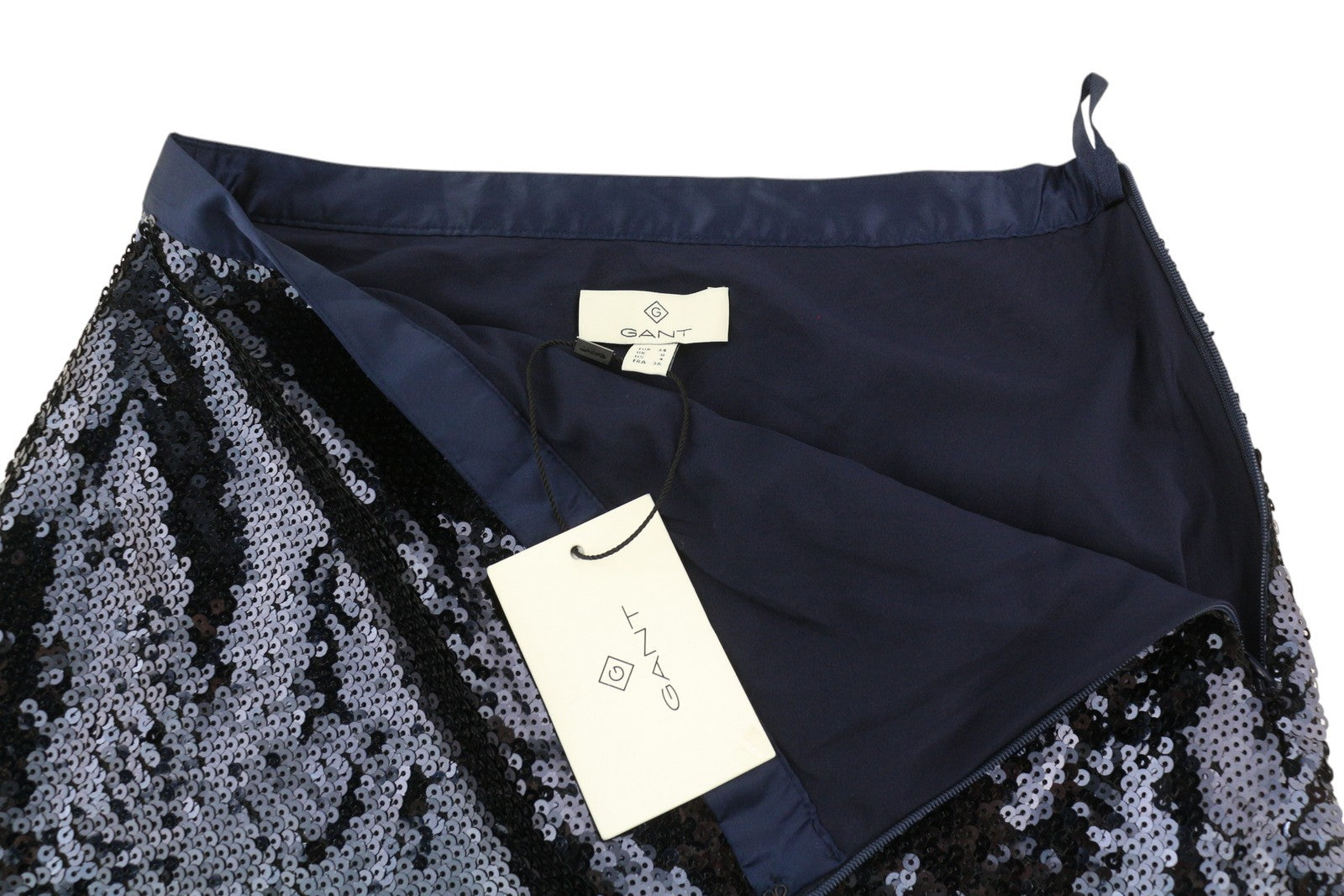 GANT Ilgas Blizgantis Moteriškas Sijonas su Užtrauktuku ir Pamušalu, Tamsiai Mėlynas, Blizgus, Prigludusi, EU34 