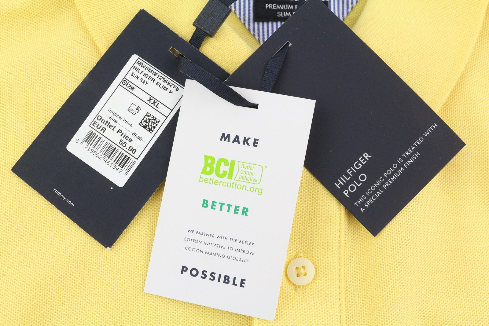 TOMMY HILFIGER vyriški 2XL dydžio geltoni „Premium Pique Slim Fit“ polo marškinėliai, rekomenduojama kaina – 80 € 