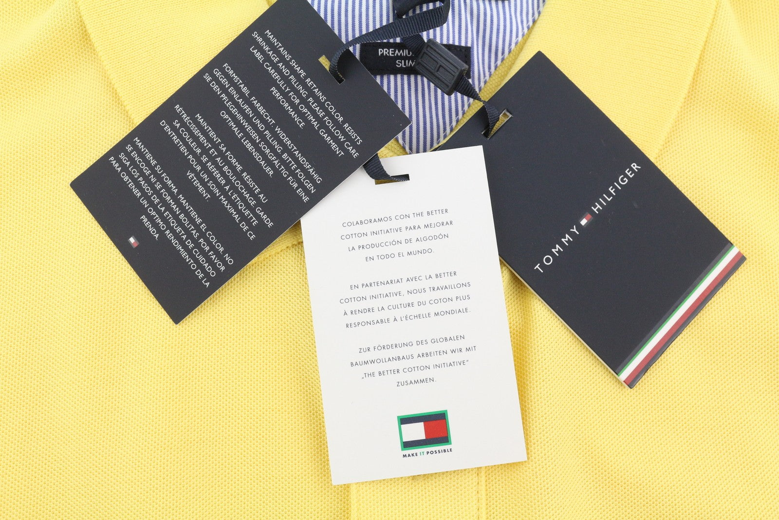 TOMMY HILFIGER vyriški 2XL dydžio geltoni „Premium Pique Slim Fit“ polo marškinėliai, rekomenduojama kaina – 80 € 