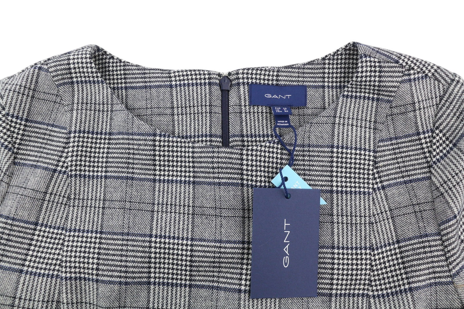 GANT languota platėjančios formos moteriška suknelė EU38 pilka 3/4 rankovėmis apvaliu kaklu languotas raštas mini 