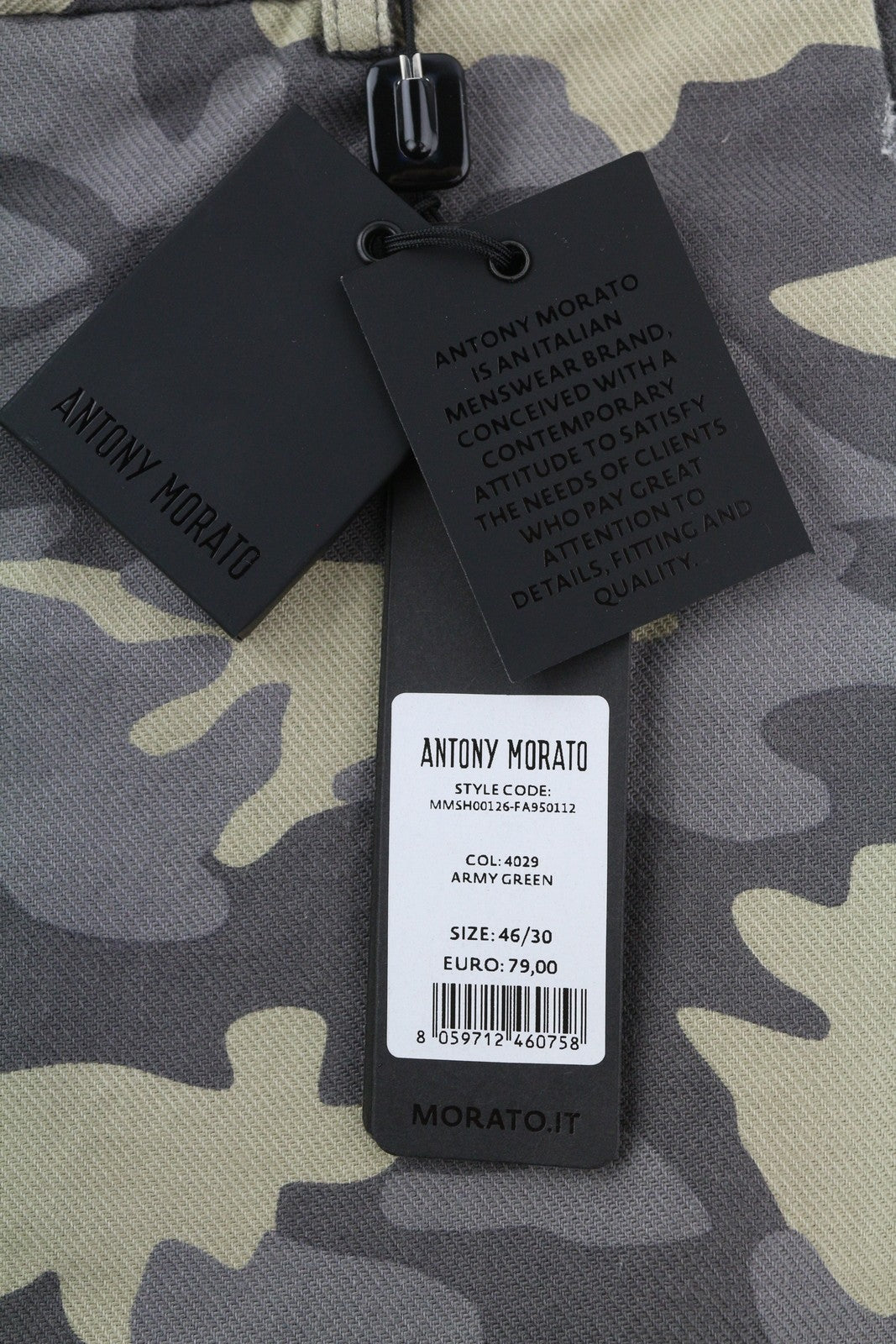 ANTONY MORATO vyriški šortai W30 Chino kamufliažinio kirpimo, morkų kirpimo, su atlenkiama sagomis. 