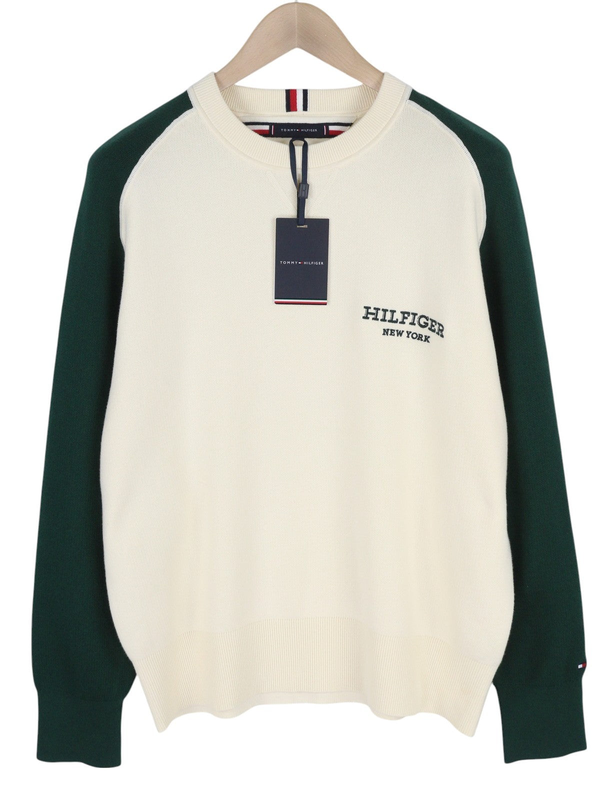 TOMMY HILFIGER Monotype vyriškas megztinis S dydžio megztinis su apvalia kaklu, tvirtai megztas logotipas, smėlio spalvos 