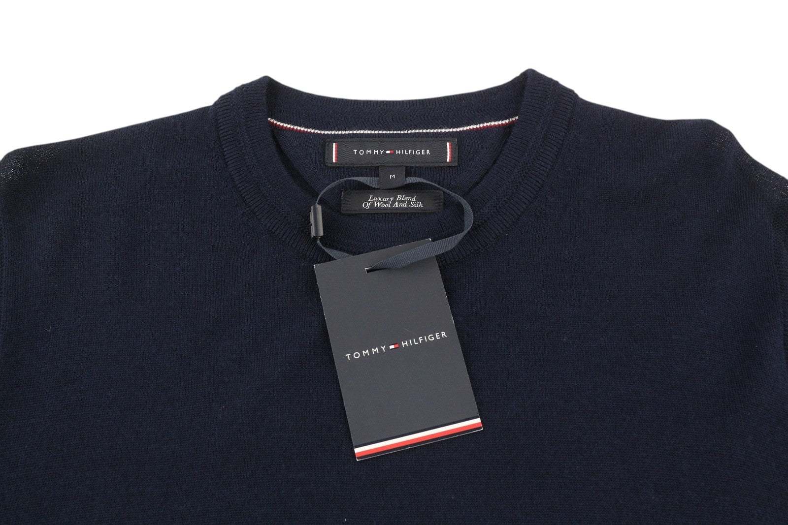 TOMMY HILFIGER prabangus vilnonis šilkinis vyriškas megztinis M tamsiai mėlynas megztinis su apvalia kaklu