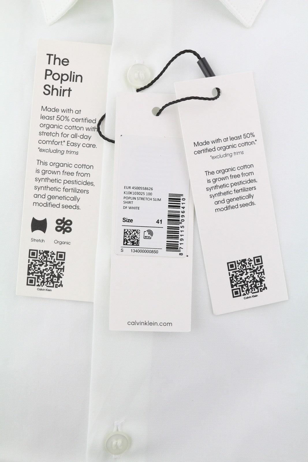 CALVIN KLEIN Poplin Stretch Slim vyriški formalūs marškinėliai 41 / 16 L balti sagų išskleidimai 