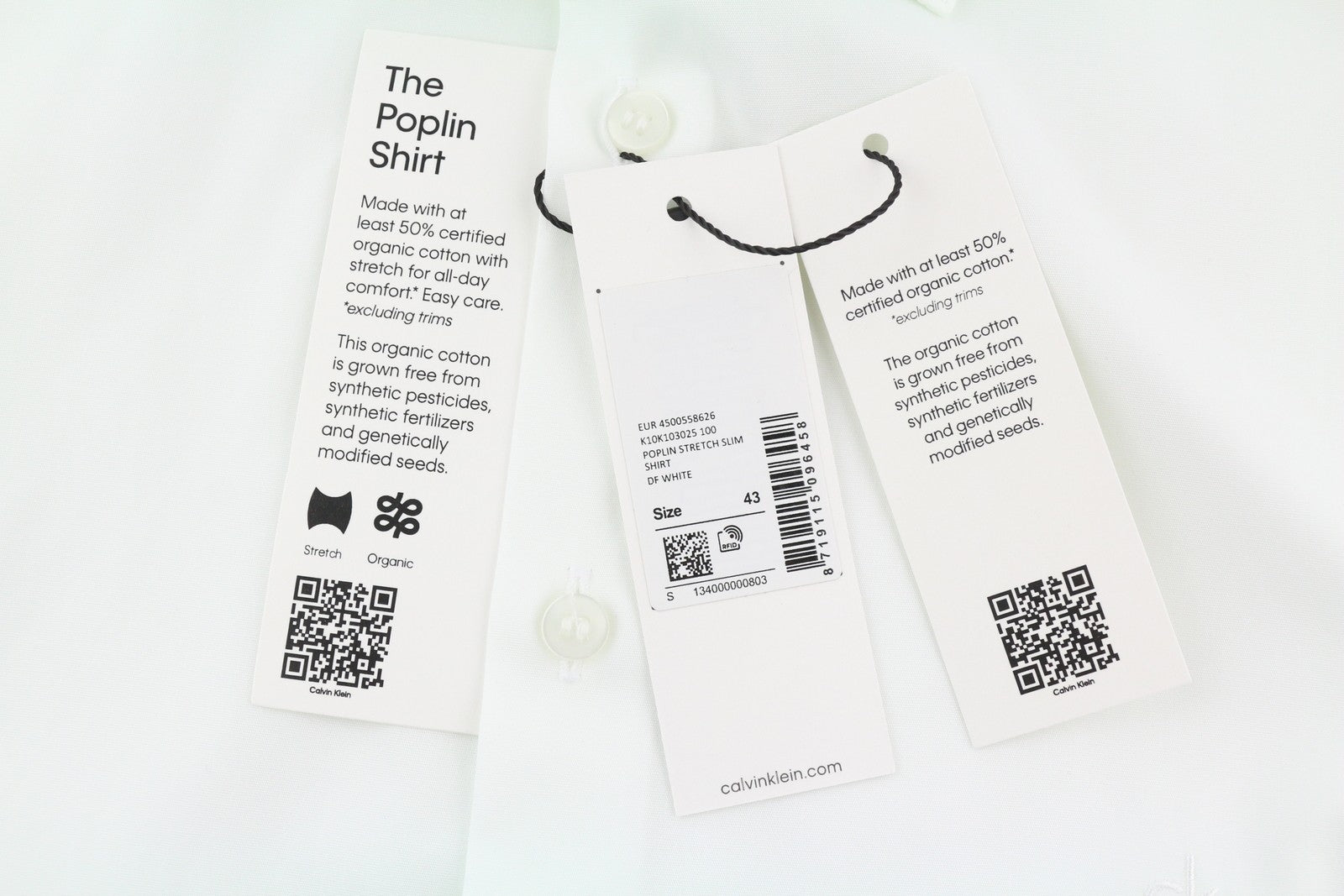 CALVIN KLEIN Poplin Stretch Slim vyriški formalūs marškinėliai 43 / 17 XL balti sagų išskleidimai 