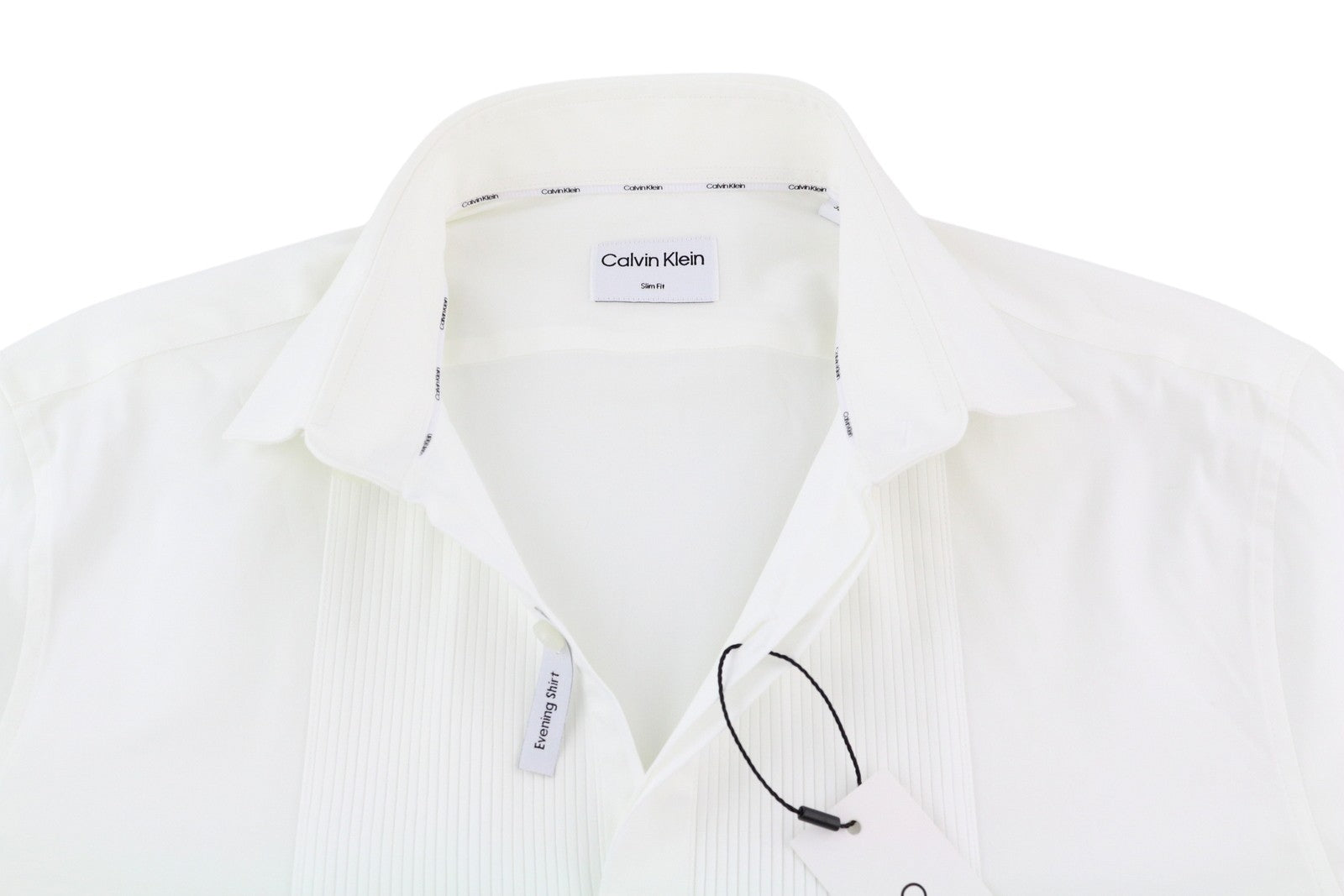 CALVIN KLEIN vakarinis smokingas Slim vyriški formalūs marškiniai, 38 m, balti klostuoti, su sagomis 