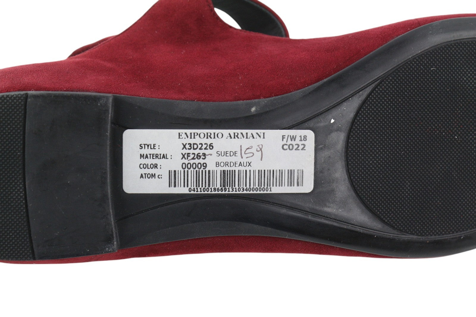 EMPORIO ARMANI X3D226 moteriški bateliai su bordo spalvos zomša ir odine sagtimi, balerinos 