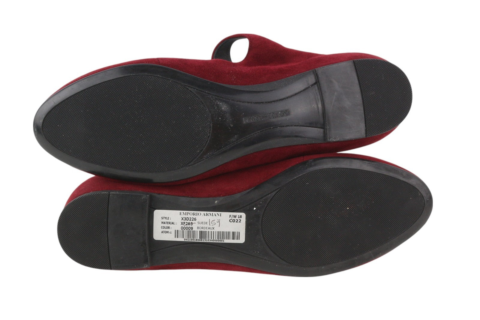 EMPORIO ARMANI X3D226 moteriški bateliai su bordo spalvos zomša ir odine sagtimi, balerinos 