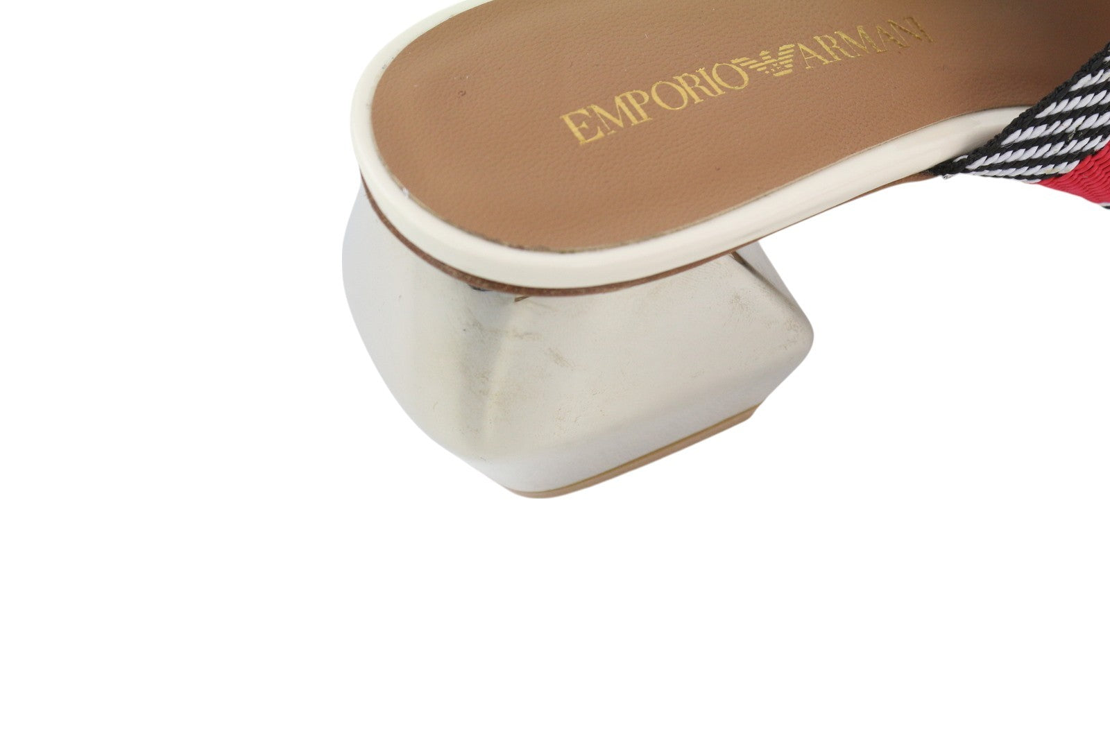 EMPORIO ARMANI X3P682 moteriškos basutės, 37 dydžio, spalvingos, užmaunamos, blizgantis blokinis kulnas. 