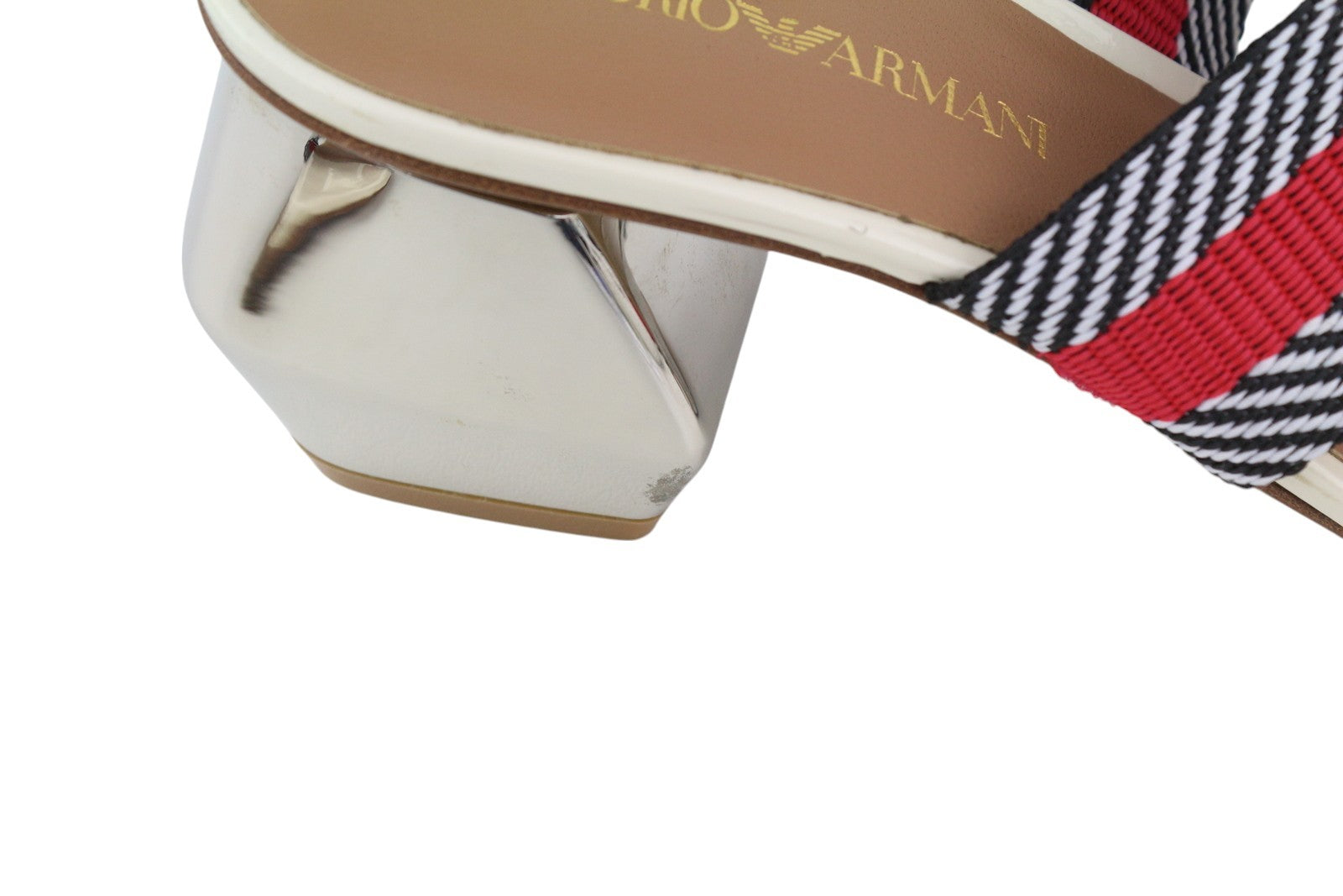 EMPORIO ARMANI X3P682 moteriškos basutės, 37 dydžio, spalvingos, užmaunamos, blizgantis blokinis kulnas. 