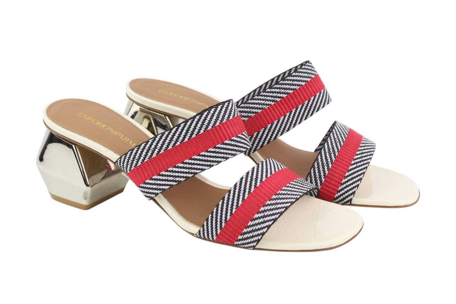 EMPORIO ARMANI X3P682 moteriškos basutės, 37 dydžio, spalvingos, užmaunamos, blizgantis blokinis kulnas. 