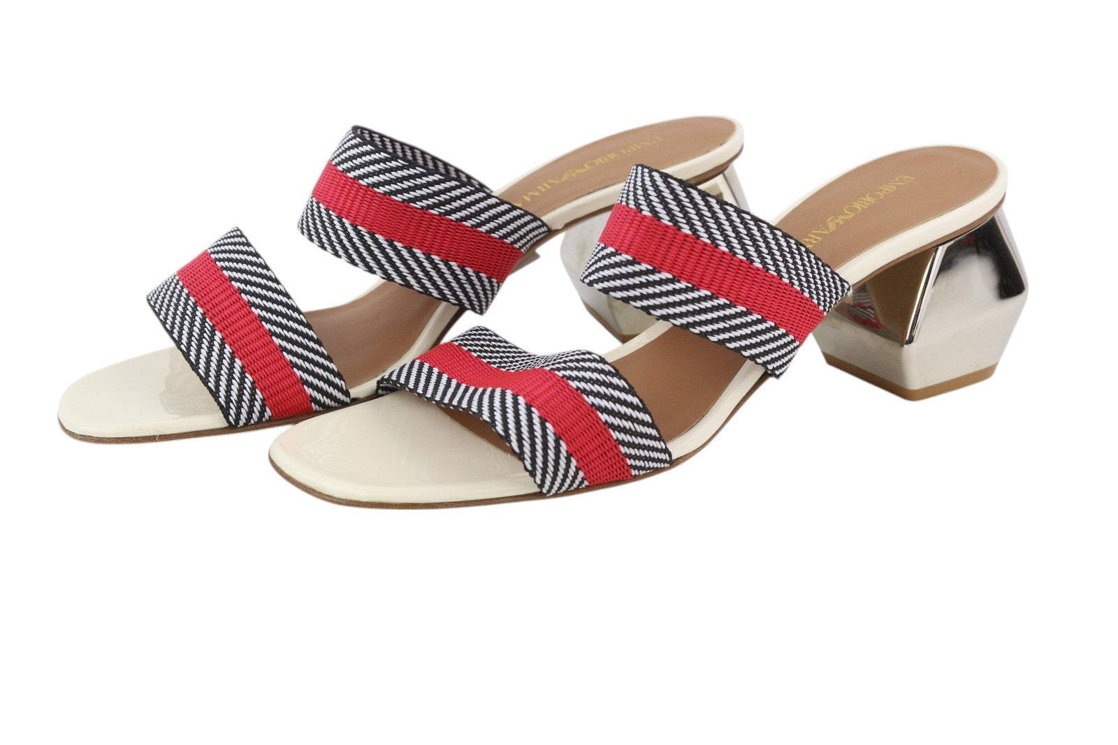 EMPORIO ARMANI X3P682 moteriškos basutės, 37 dydžio, spalvingos, užmaunamos, blizgantis blokinis kulnas. 