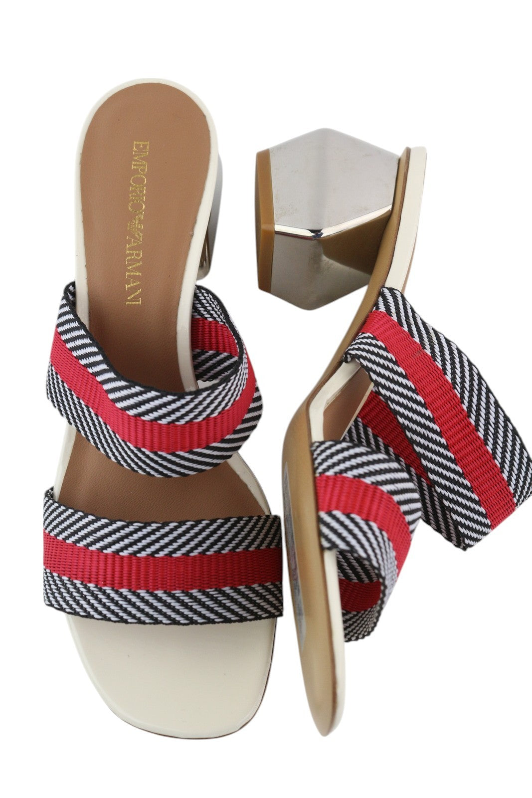 EMPORIO ARMANI X3P682 moteriškos basutės, 37 dydžio, spalvingos, užmaunamos, blizgantis blokinis kulnas. 