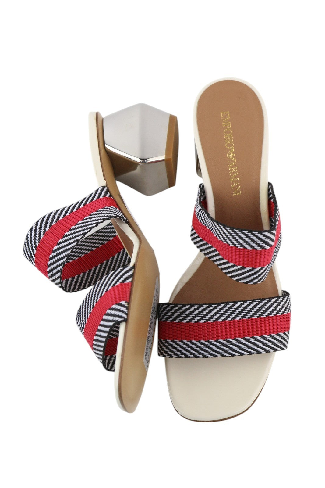 EMPORIO ARMANI X3P682 moteriškos basutės, 37 dydžio, spalvingos, užmaunamos, blizgantis blokinis kulnas. 