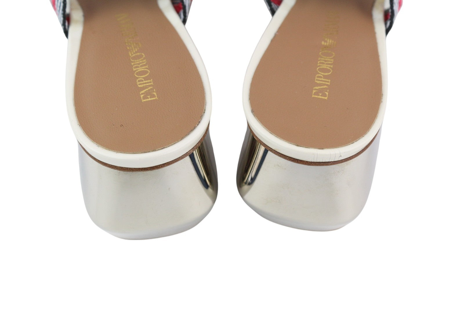 EMPORIO ARMANI X3P682 moteriškos basutės, 37 dydžio, spalvingos, užmaunamos, blizgantis blokinis kulnas. 