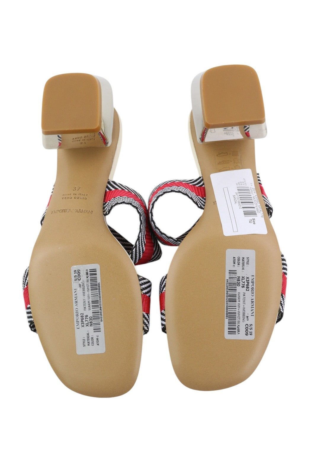 EMPORIO ARMANI X3P682 moteriškos basutės, 37 dydžio, spalvingos, užmaunamos, blizgantis blokinis kulnas. 