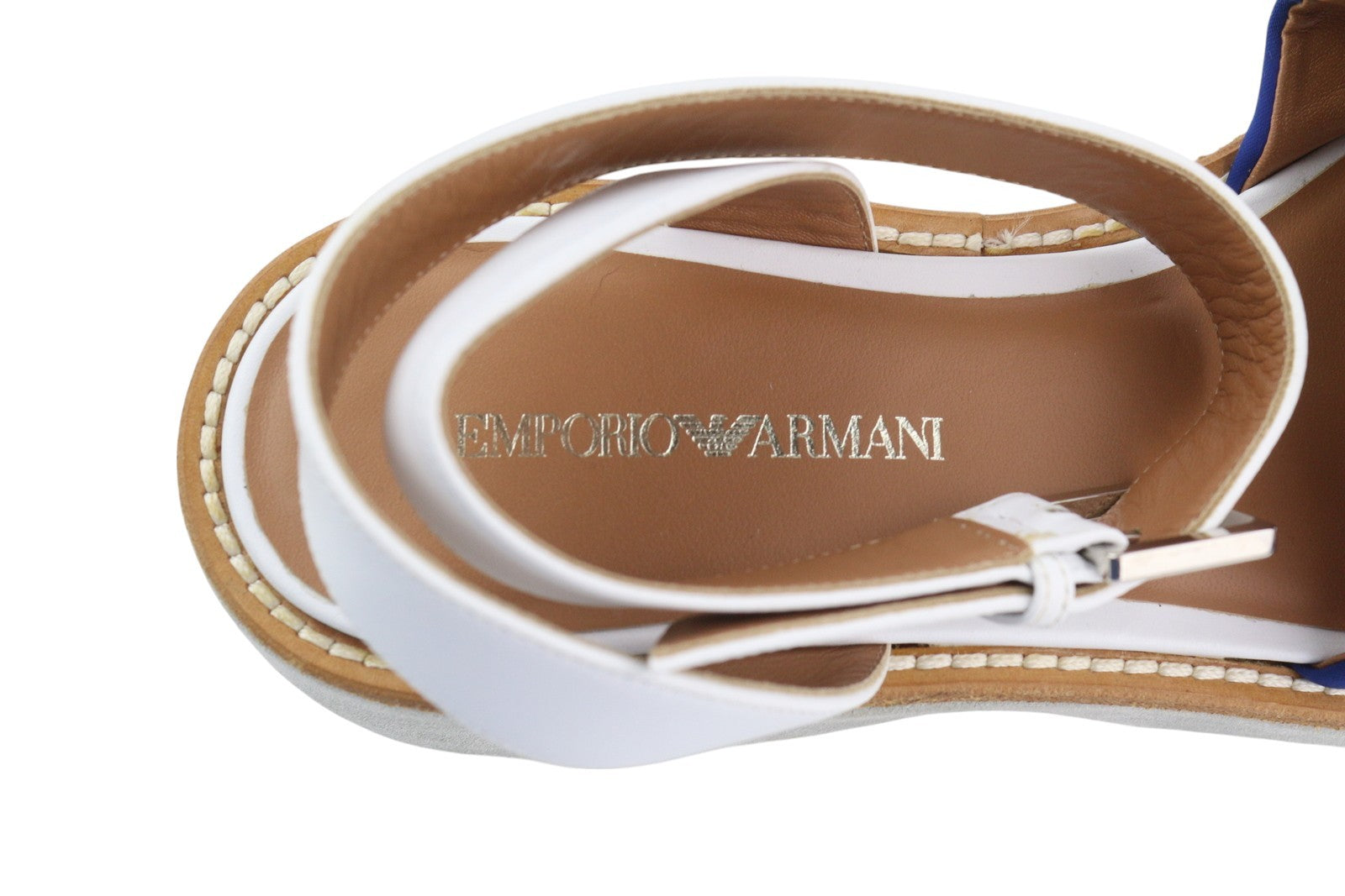 EMPORIO ARMANI X3U092 moteriškos basutės, 37 dydis, mėlynos, baltos, platforminės, atviros nosies. 