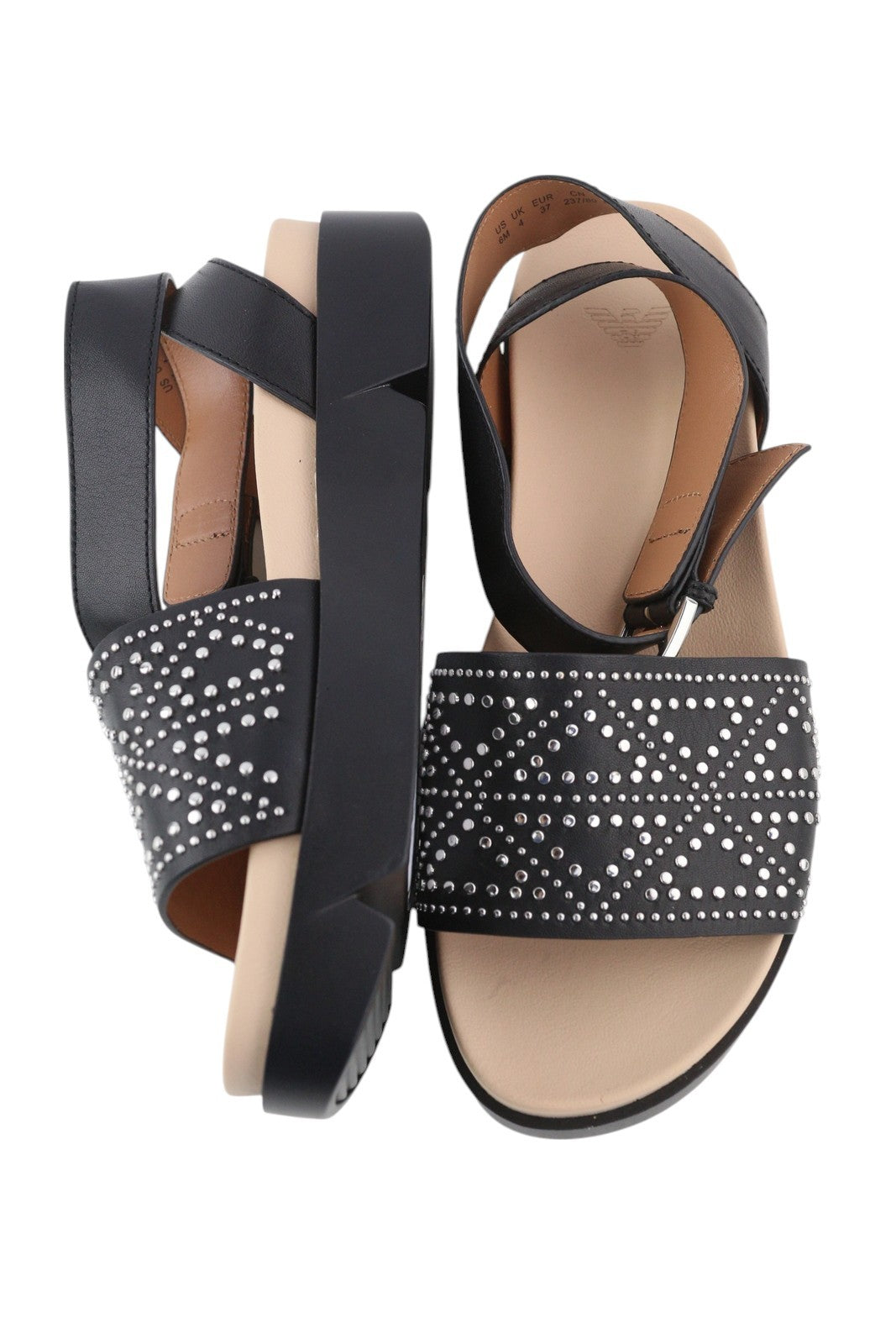 EMPORIO ARMANI X3U063 moteriškos basutės, 37 dydžio, juodos, odinės, su dygsniuotomis detalėmis ir platforma. 