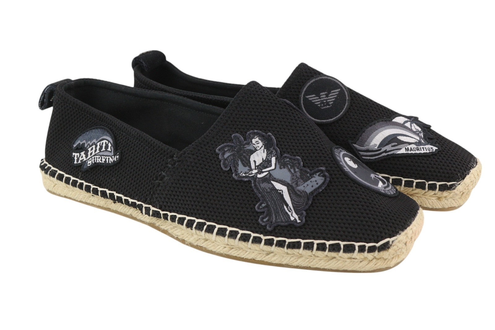 EMPORIO ARMANI X4S023 vyriški batai, EU43, juodi, užsegami, espadriliai su lopais, rekomenduojama kaina – 269 € 