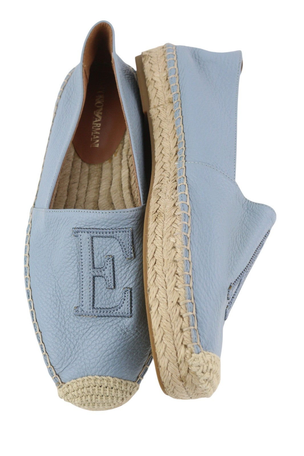 EMPORIO ARMANI X35025 moteriški bateliai su šviesiai mėlyna odine espadrile, įmaunami 