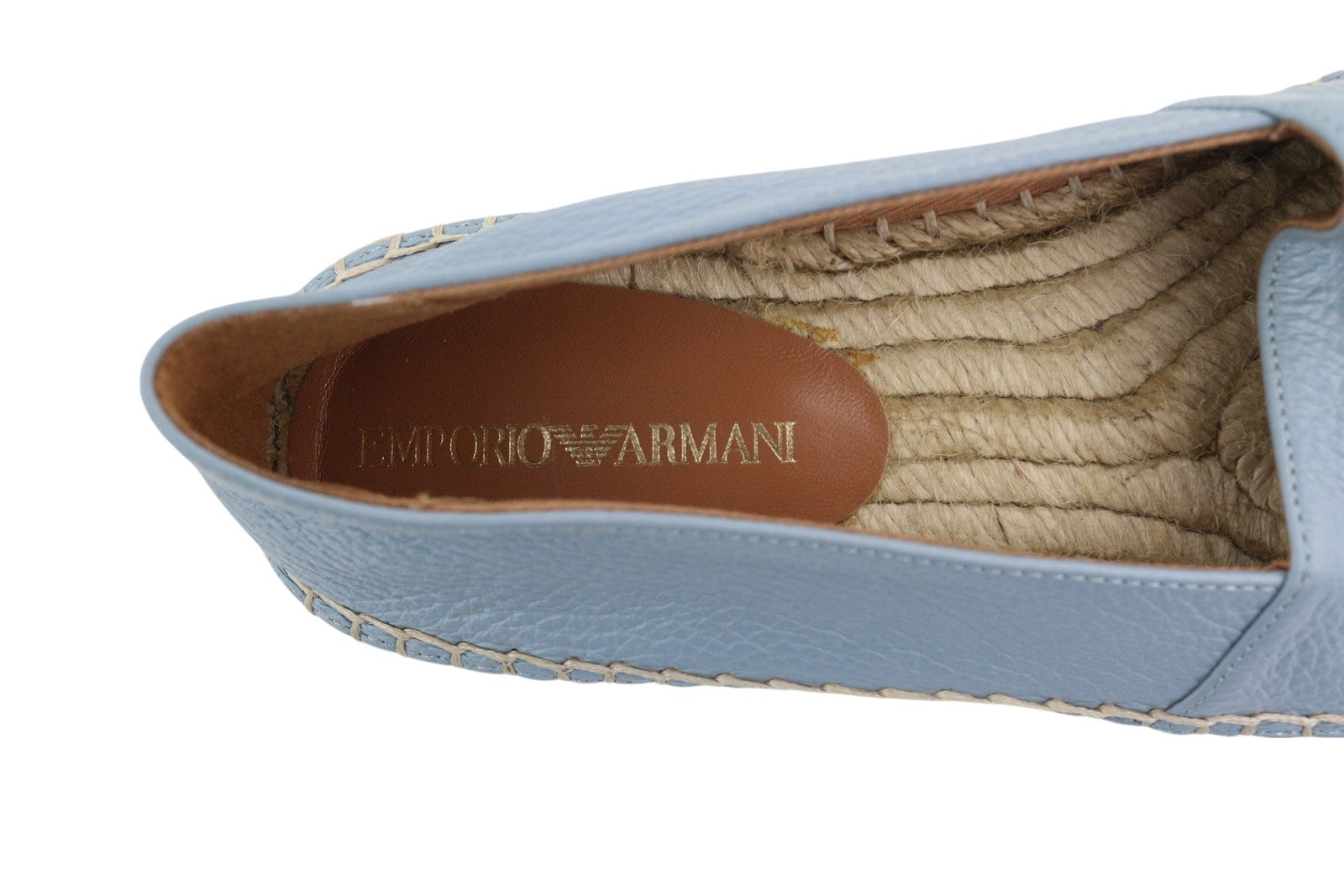 EMPORIO ARMANI X35025 moteriški bateliai su šviesiai mėlyna odine espadrile, įmaunami 