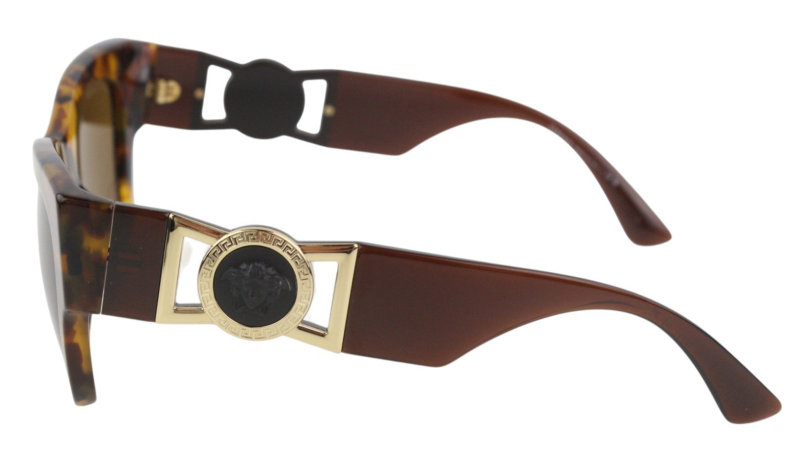 VERSACE 4415 moteriški akiniai nuo saulės su rudais gyvūnų raštais, katės akių atspalviu, aukso spalvos detalėmis. 