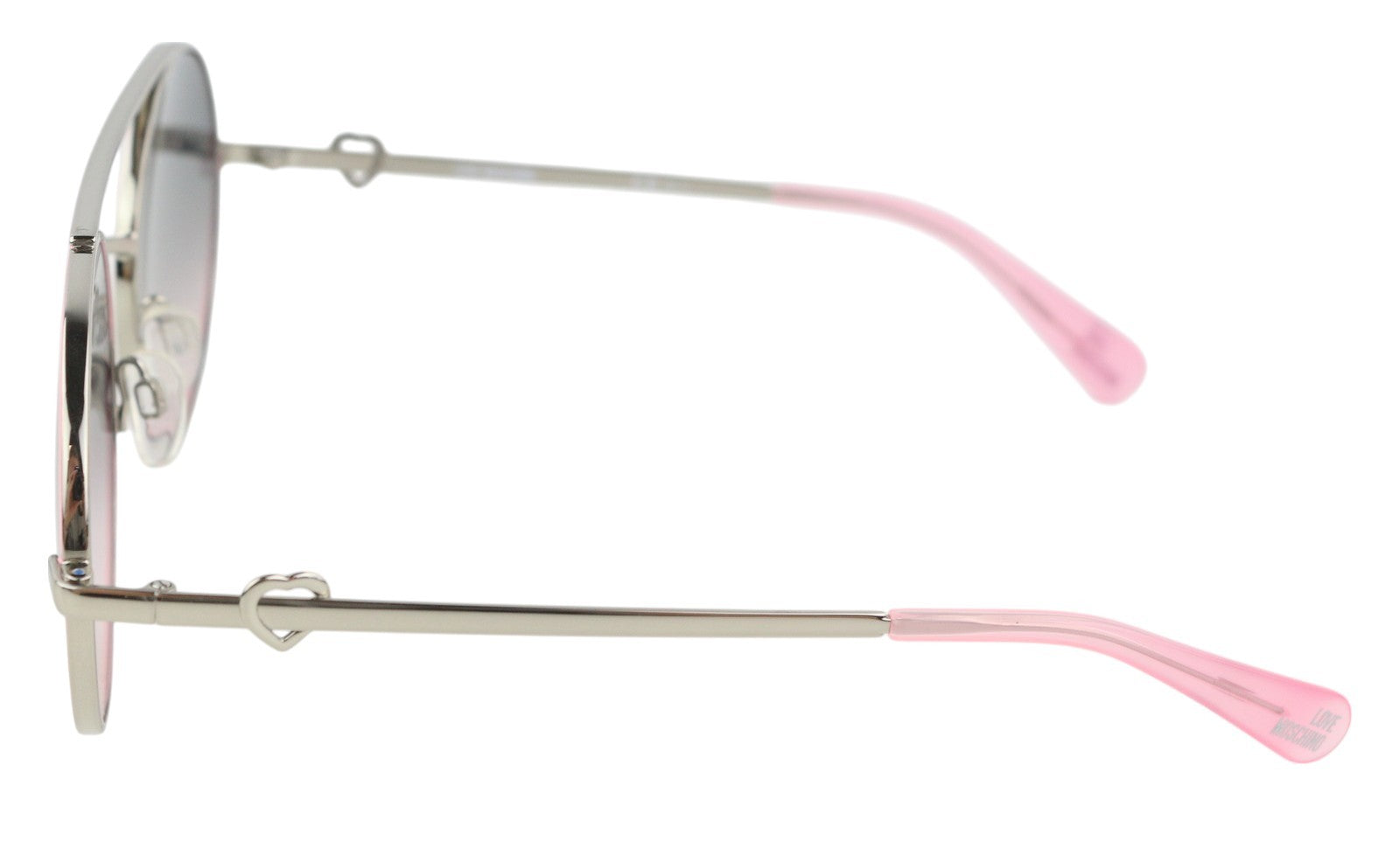 LOVE MOSCHINO MOL009/S moteriški akiniai nuo saulės su rožiniais tamsintais lęšiais ir ovaliu logotipu. Rekomenduojama kaina – 199 €. 