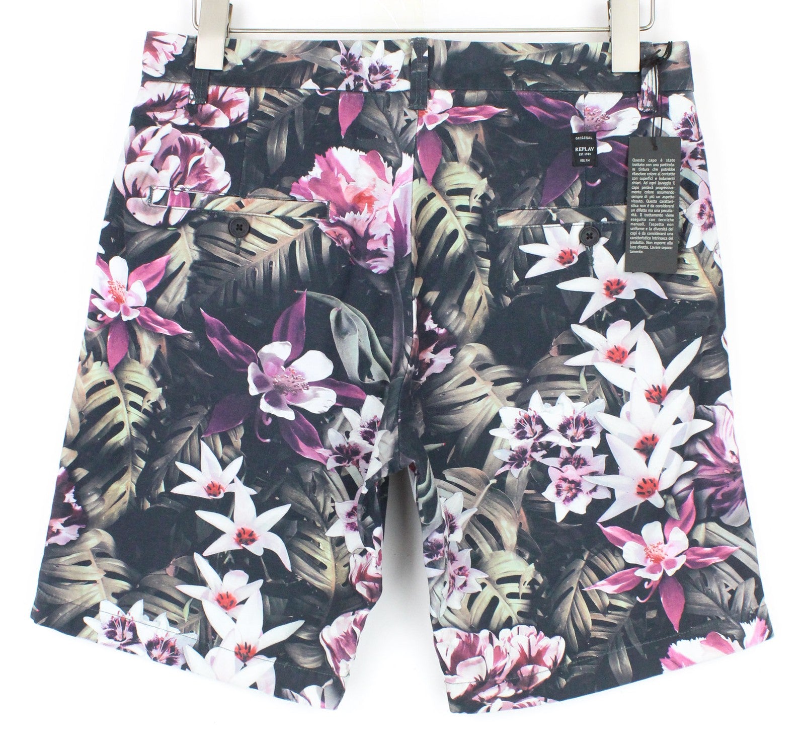 REPLAY vyriški šortai W29 su gėlių raštu, juodi, medvilniniai, su užtrauktuku, netamprūs melanžo rašto... 