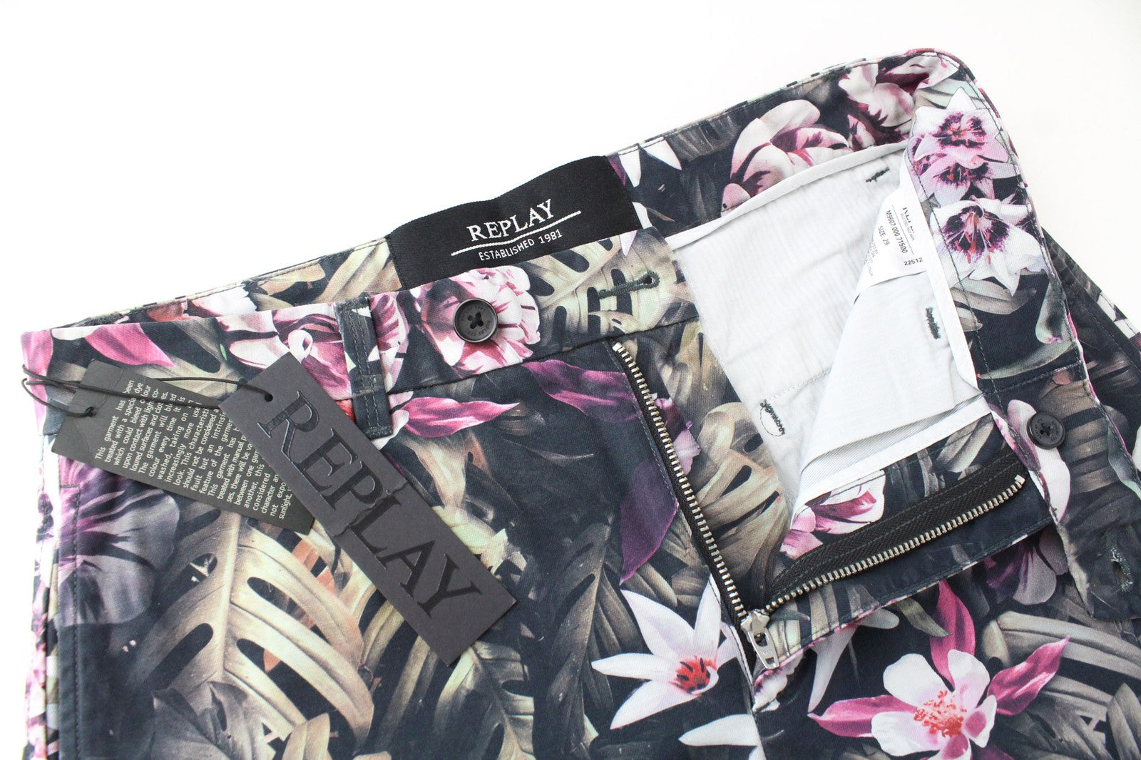 REPLAY vyriški šortai W29 su gėlių raštu, juodi, medvilniniai, su užtrauktuku, netamprūs melanžo rašto... 