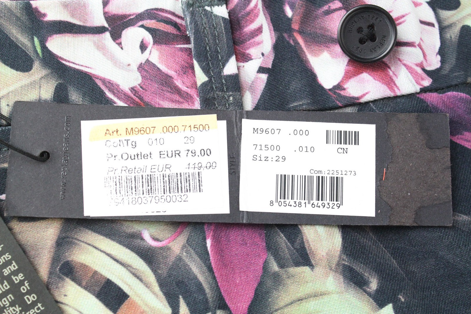 REPLAY vyriški šortai W29 su gėlių raštu, juodi, medvilniniai, su užtrauktuku, netamprūs melanžo rašto... 