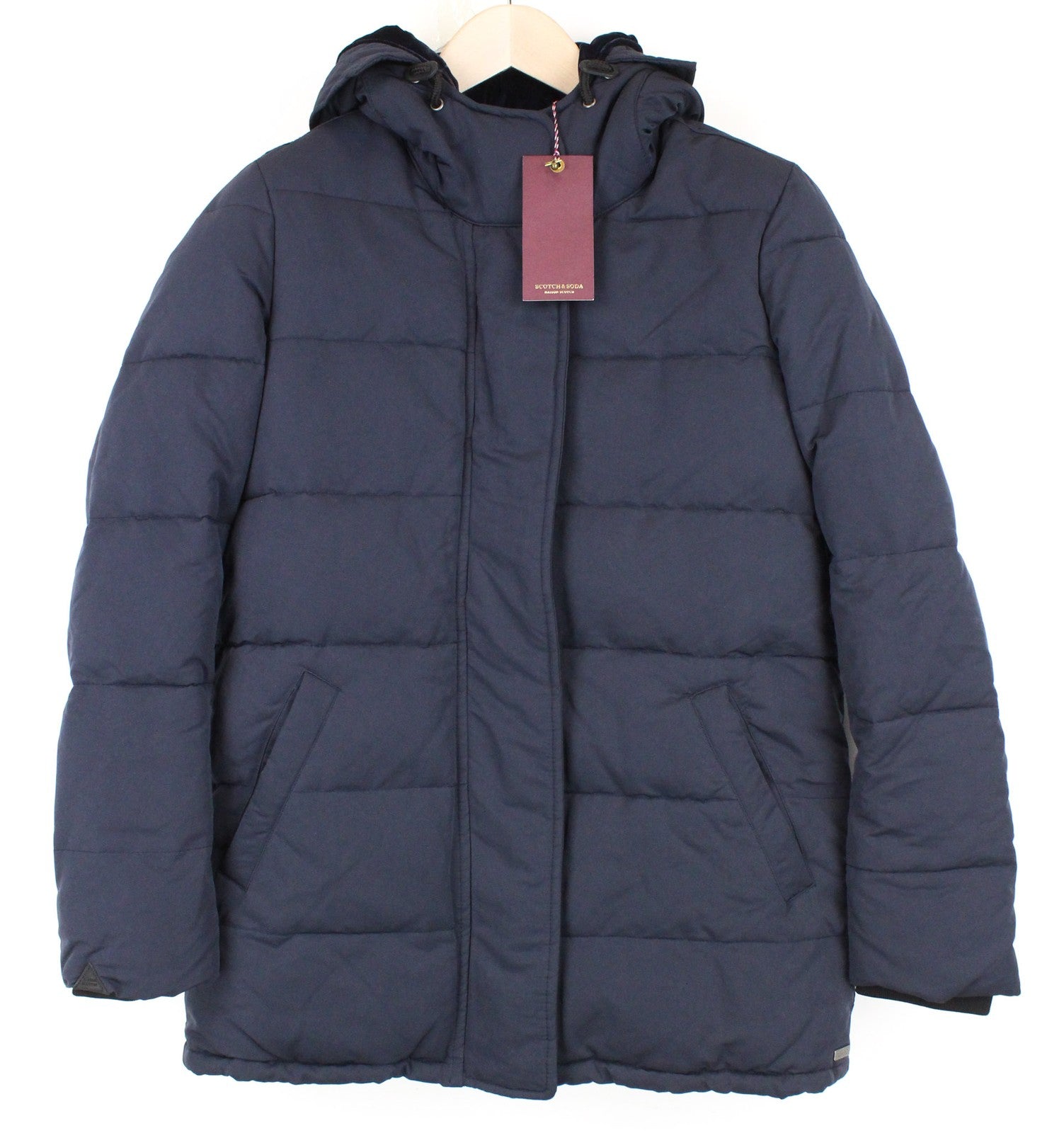 MAISON SCOTCH moteriška XS dydžio mėlyna dygsniuota dirbtinio kailio pūsta striukė su gobtuvu ir pamušalu 