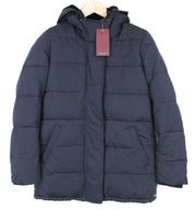 MAISON SCOTCH moteriška XS dydžio mėlyna dygsniuota dirbtinio kailio pūsta striukė su gobtuvu ir pamušalu 