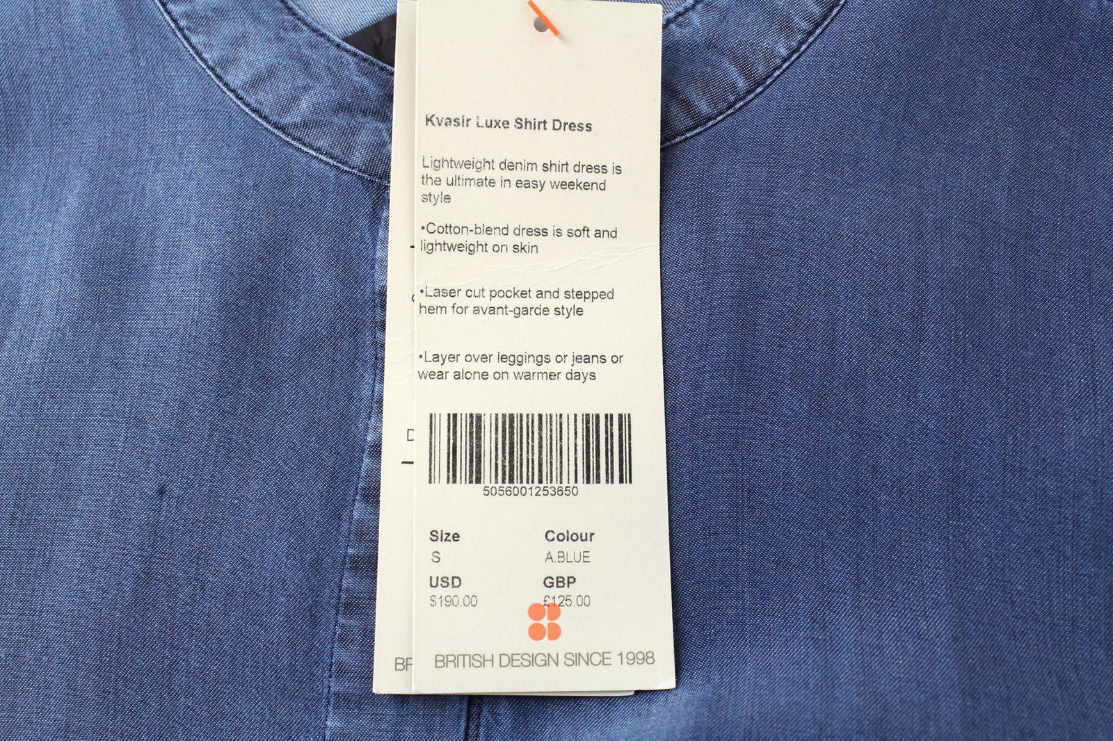 Prakaituota BETTY Kvasir suknelė S džinsinio mėlynumo marškinių stiliaus lengvo medvilnės mišinio 