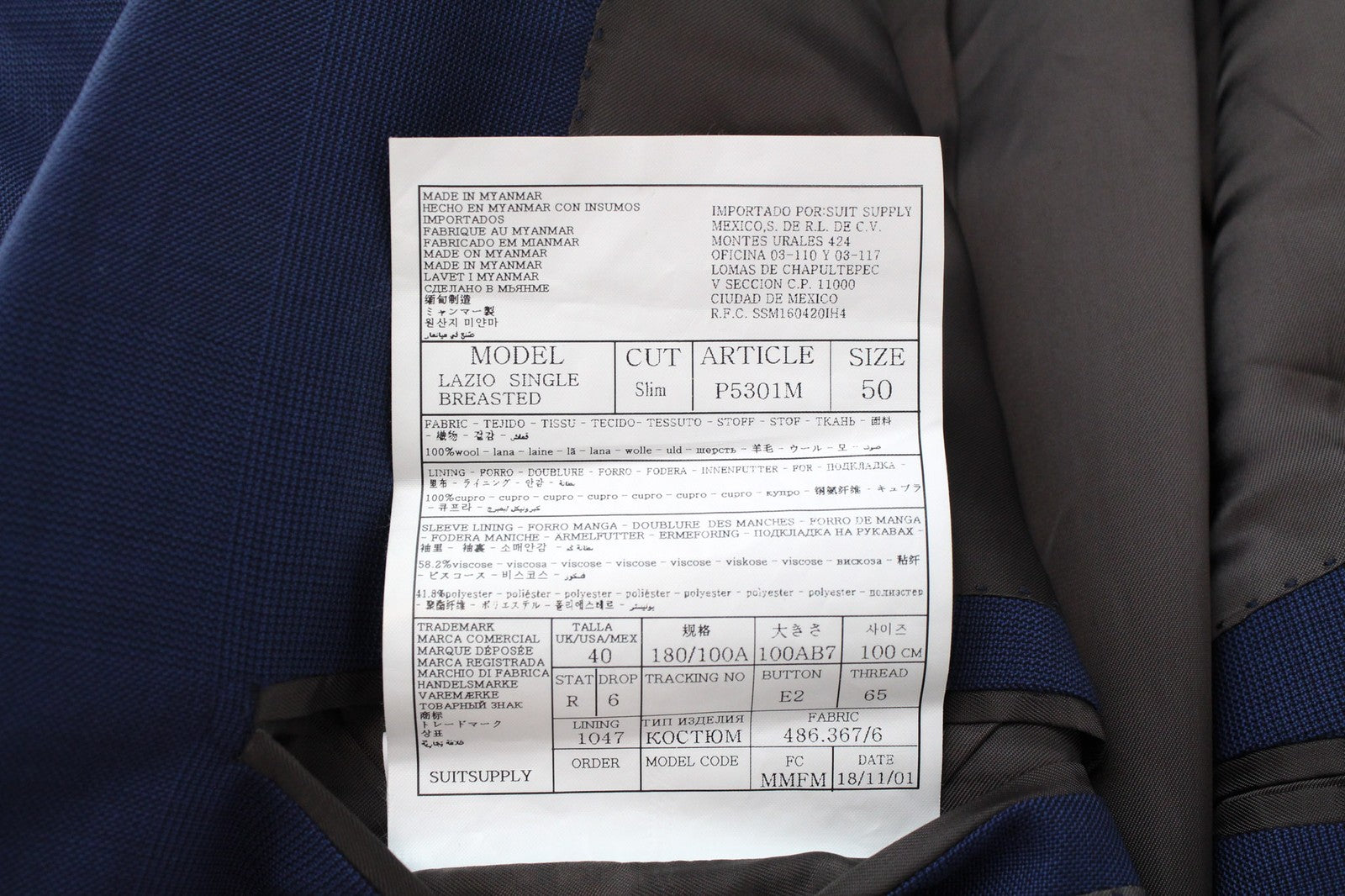 SUITSUPPLY Lazio vyriškas švarkas UK40R plonas mėlynas S110s languotas vilnonis klasikinis švarkas 