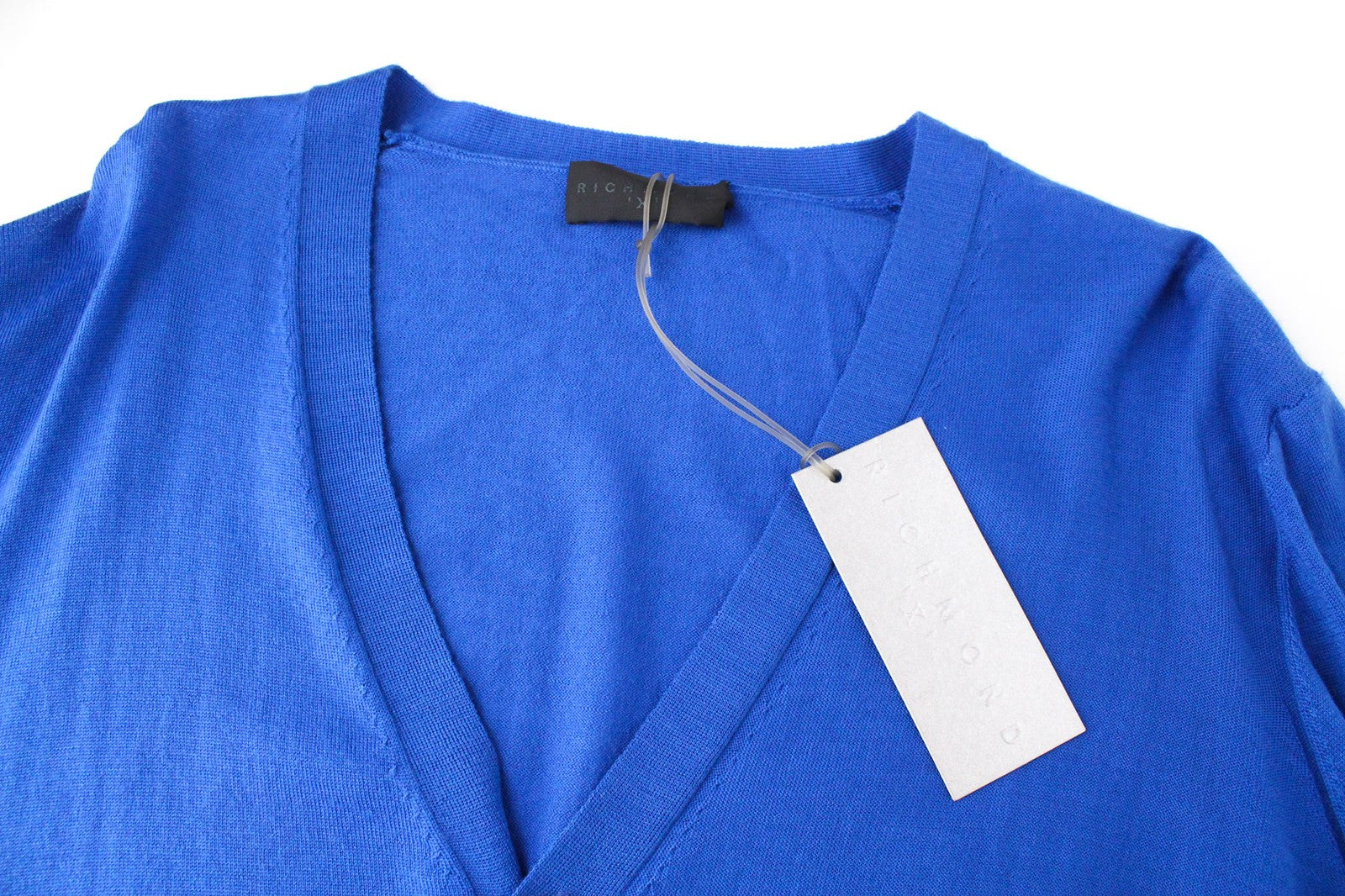 RICHMOND vyriškas kardiganas IT50 mėlynas aptemptas megztinis iš grynos vilnos, tampriai megztas 
