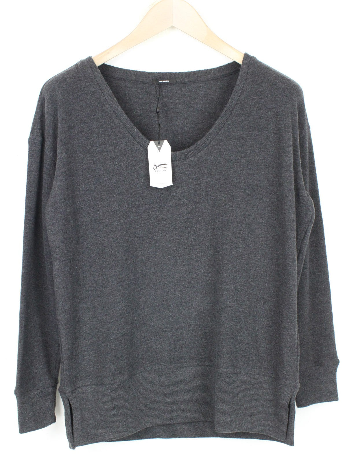 DENHAM Showa moteriškas megztinis XS spalvos, tamsiai pilkas, V formos iškirpte, melanžo spalvos, tamprus megztinis 