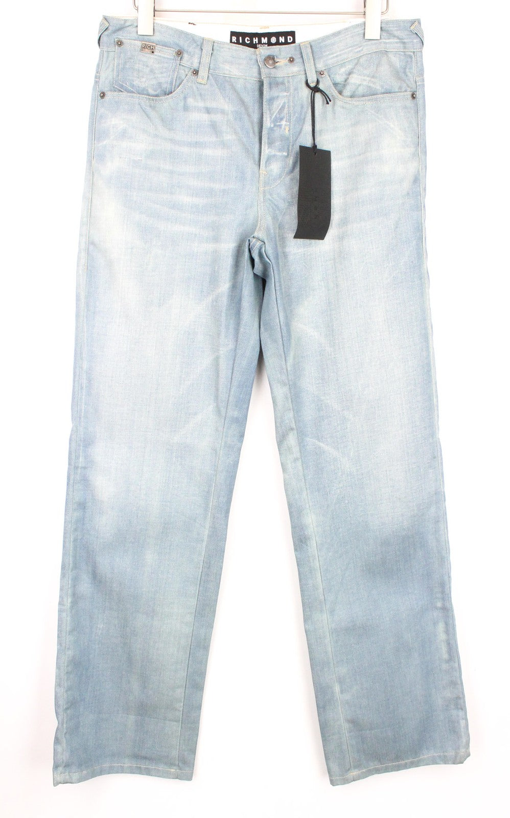 RICHMOND Men's Jeans W32 Mid-Rise Baggy Wide Blue Button Non-Stretch Denim