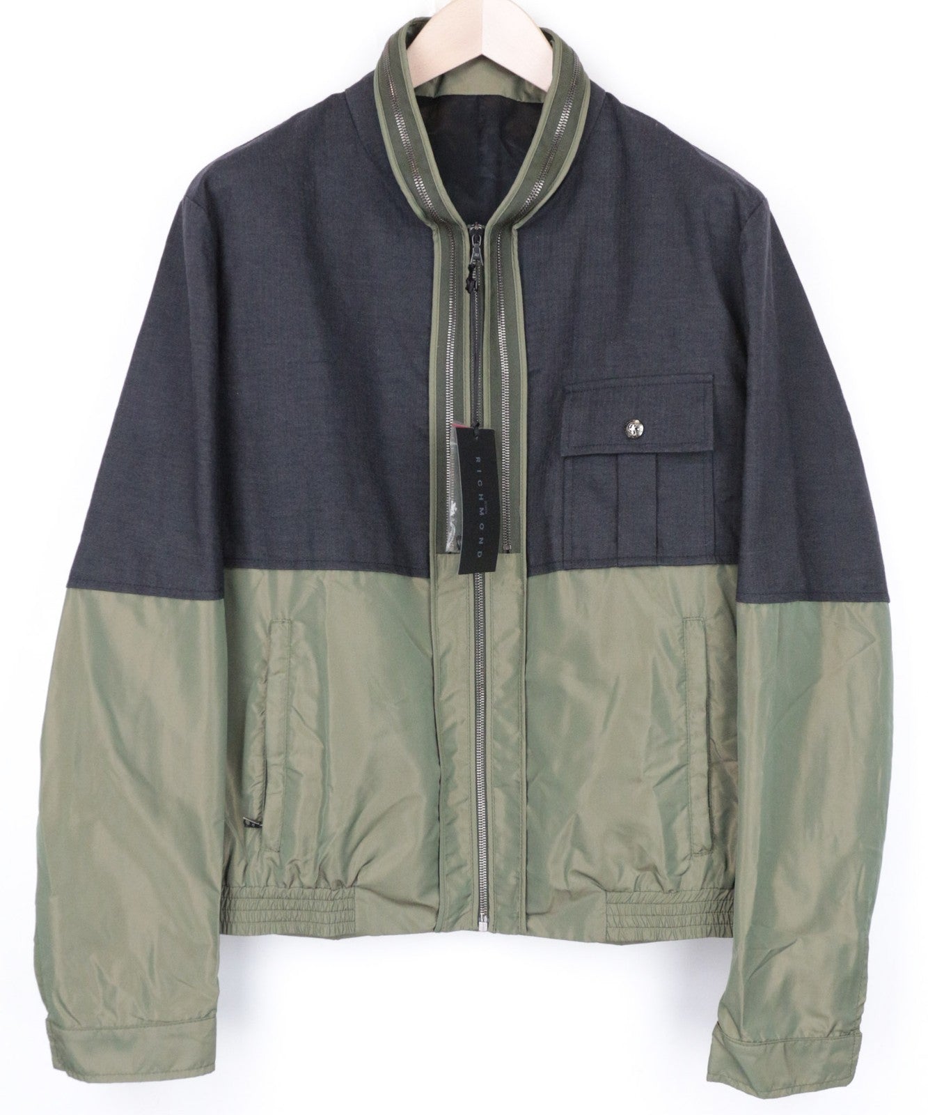 JOHN RICHMOND vyriška striukė 52 žalia medvilninė lininė striukė su užtrauktuku, lengva 