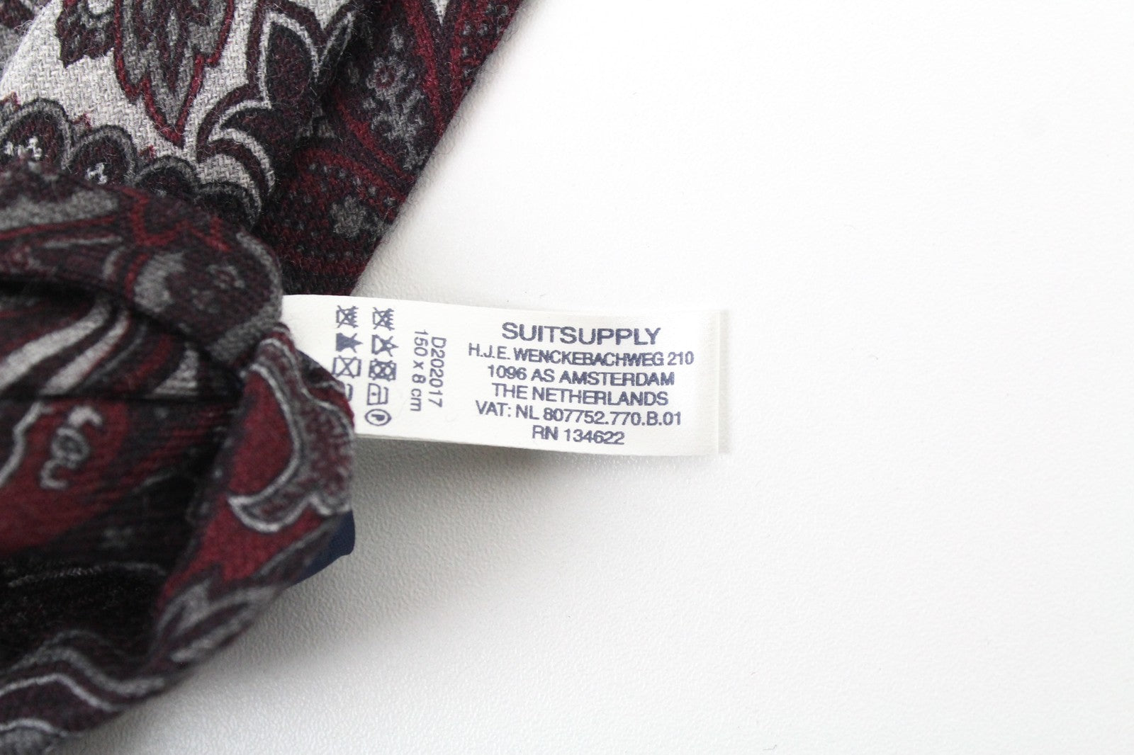 SUITSUPPLY vyriškas raudonai pilkas vilnonis raštuotas kaklaraištis, ~150 x 8 cm, smailiais galais 