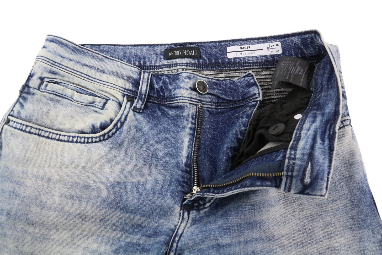 ANTONY MORATO Racer vyriški džinsai W28, skalbtos mėlynos spalvos, itin aptempti, tamprūs, su užtrauktuku, FY 