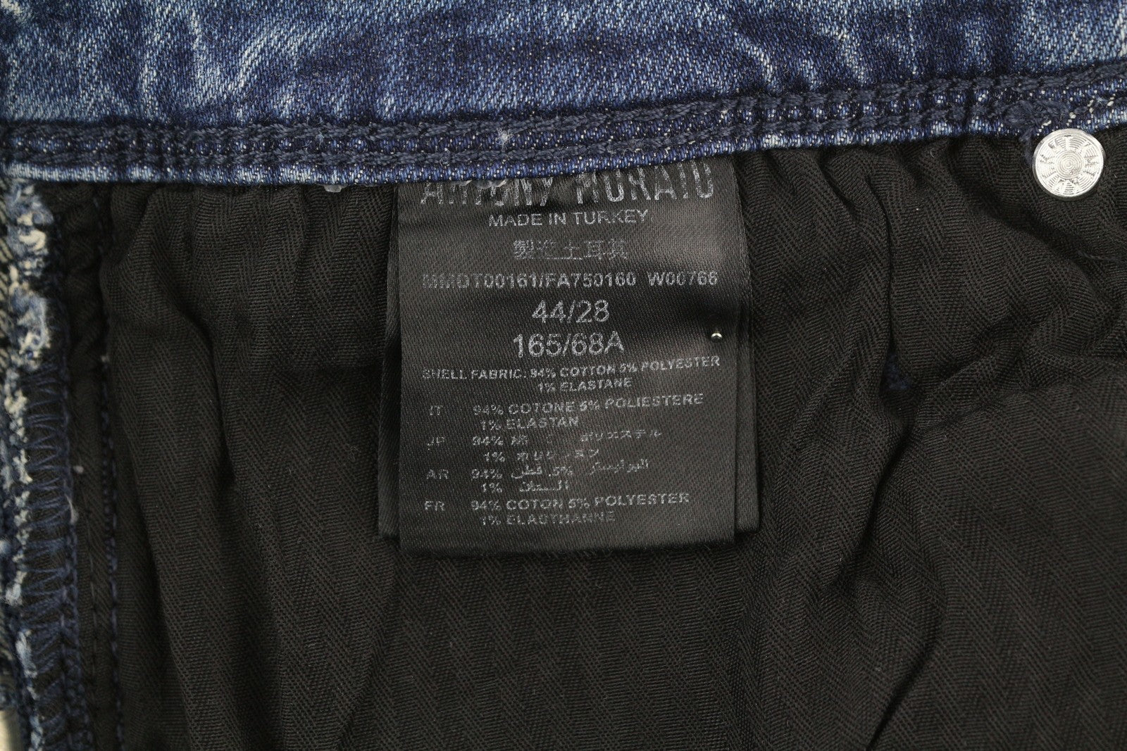 ANTONY MORATO Racer vyriški džinsai W28, skalbtos mėlynos spalvos, itin aptempti, tamprūs, su užtrauktuku, FY 