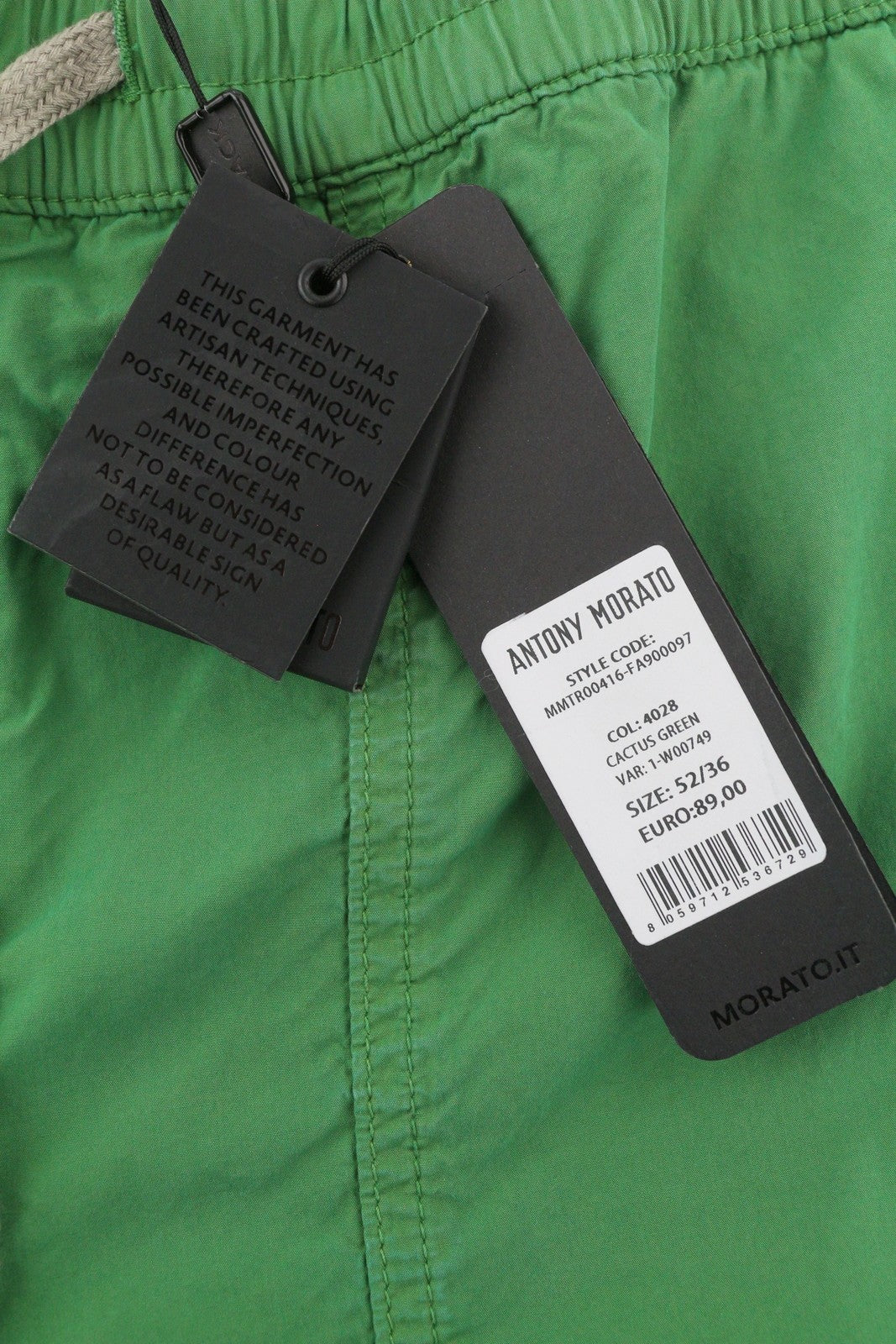 ANTONY MORATO vyriškos kelnės W36 žalios su raišteliu, elastingu juosmeniu, įprasto kirpimo logotipu 