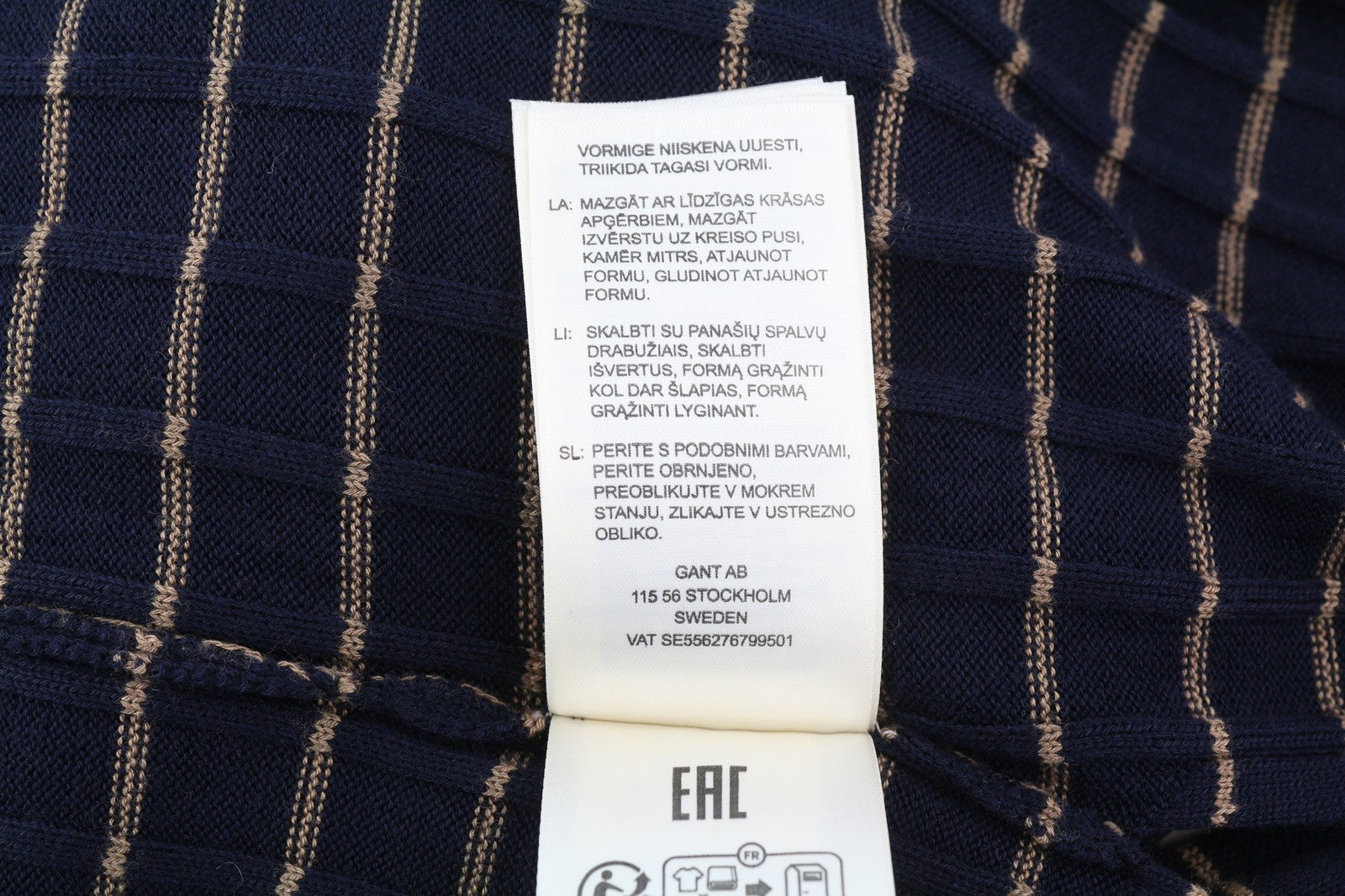 GANT dryžuotas briaunuotas megztinis moterims XS dydžio, mėlynas, merino vilnos ir šilko mišinio megztinis 