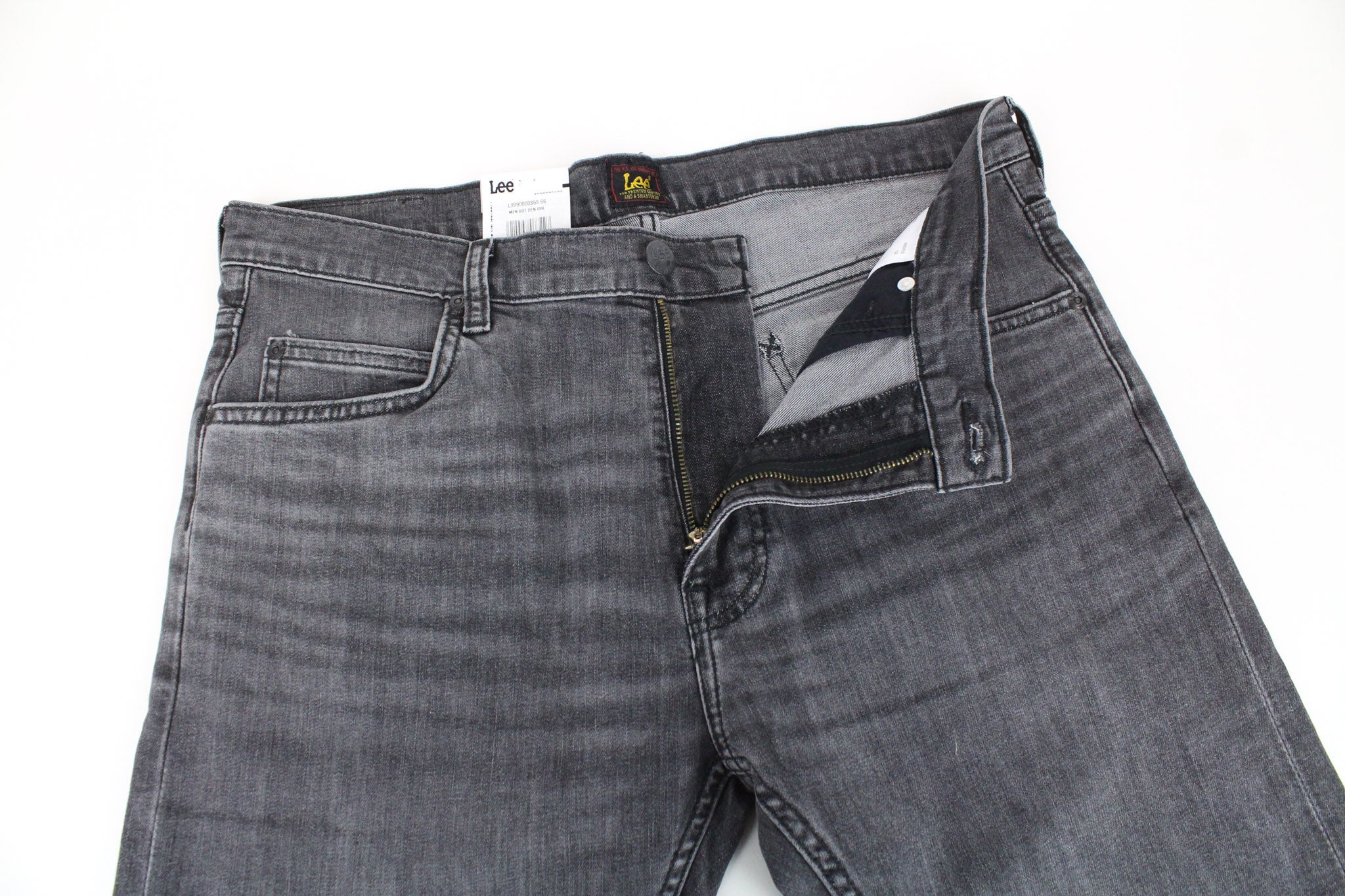 LEE Rider vyriški W33/L30 pilki skalbto džinso tamprūs džinsai, ploni, laisvalaikio stiliaus 