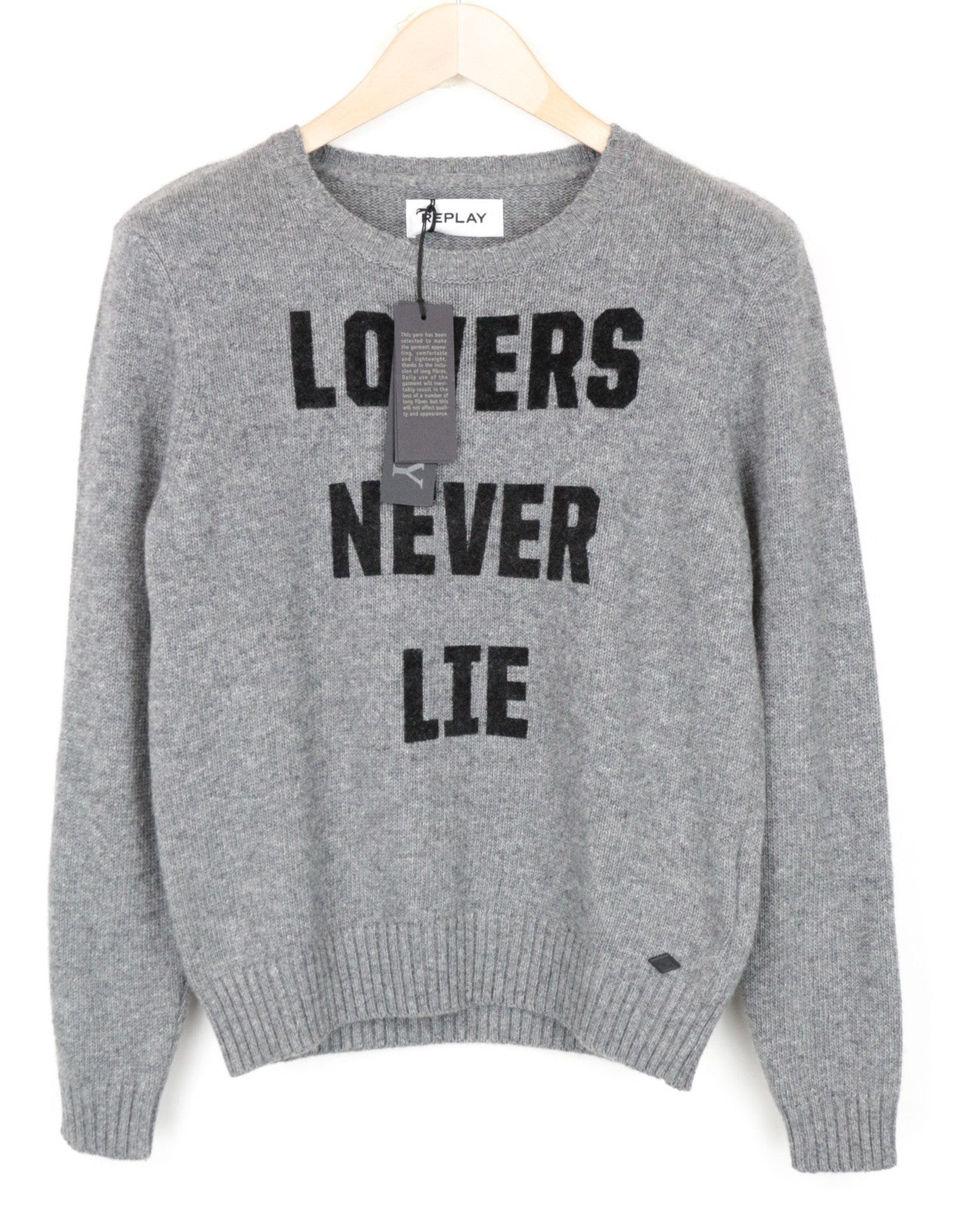 REPLAY moteriškas megztinis S pilkas melanžo spalvos megztinis su vilnos mišinio apvaliu kirpimu, laisvo kirpimo 