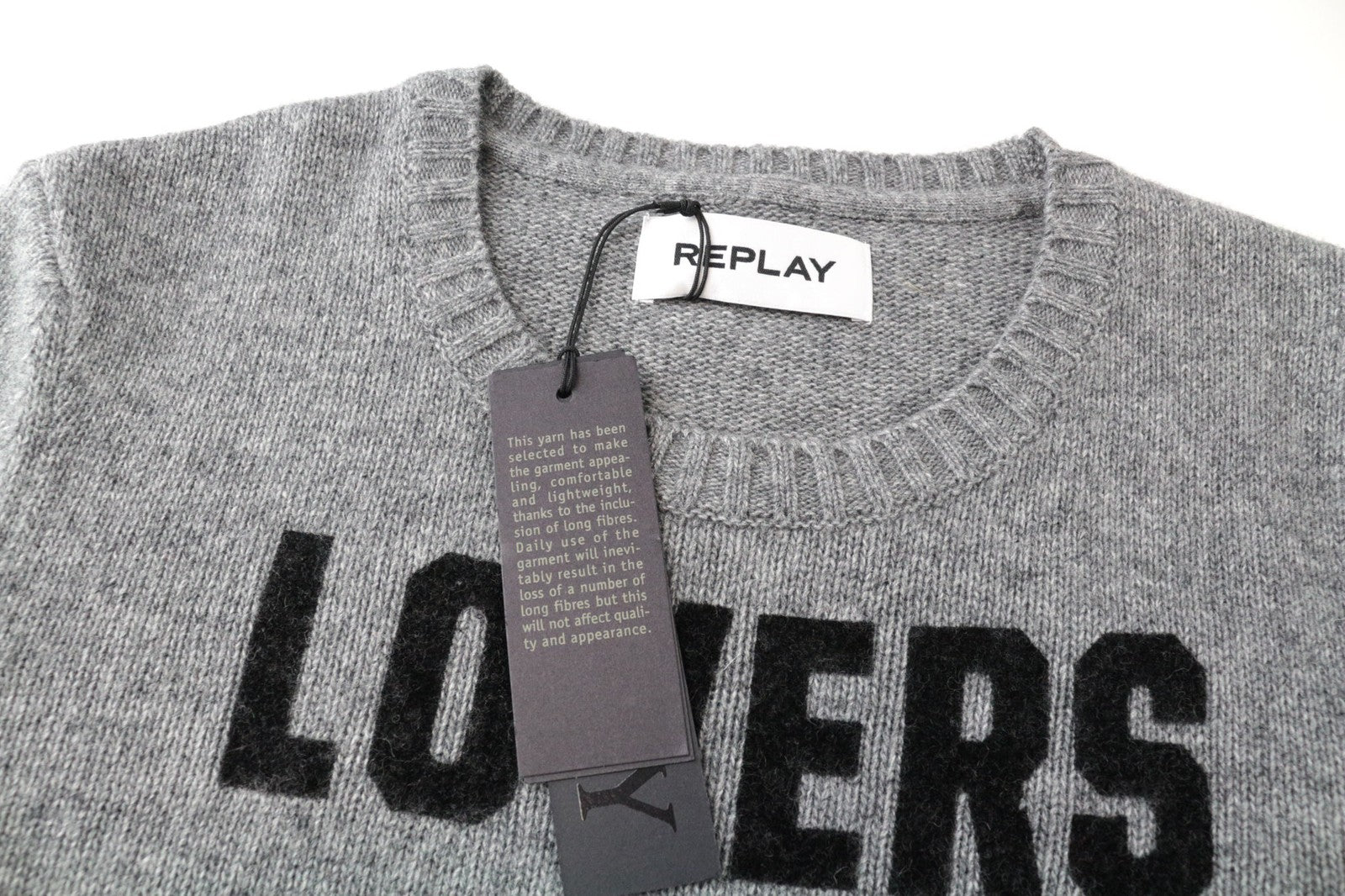 REPLAY moteriškas megztinis S pilkas melanžo spalvos megztinis su vilnos mišinio apvaliu kirpimu, laisvo kirpimo 