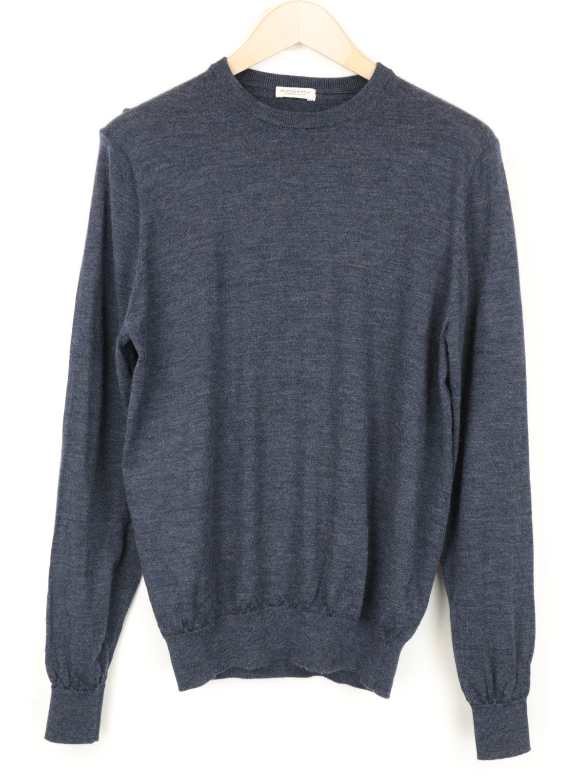 SUITSUPPLY vyriškas ~S plonas mėlynas megztinis apvalia kaklo apykakle iš merino vilnos, megztas melange raštu 