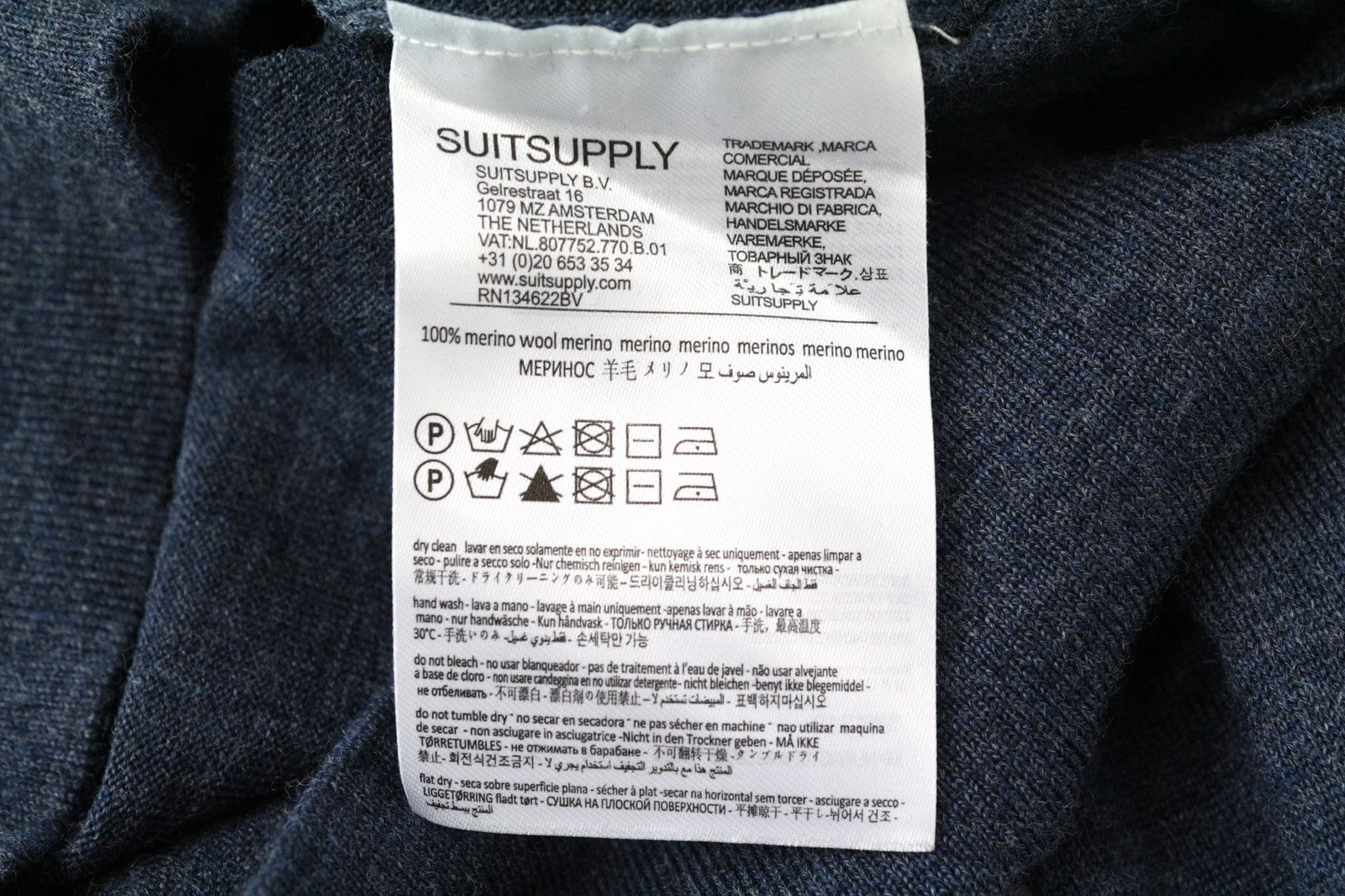 SUITSUPPLY vyriškas ~S plonas mėlynas megztinis apvalia kaklo apykakle iš merino vilnos, megztas melange raštu 