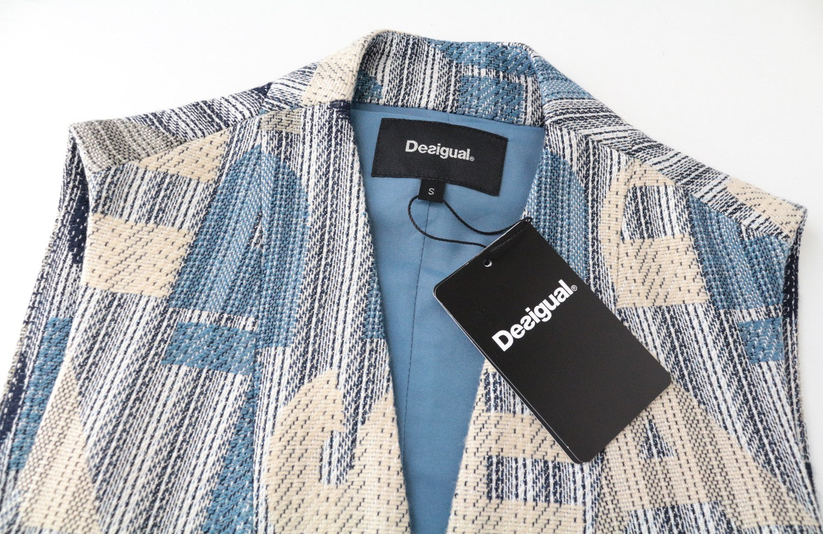 DESIGUAL Raštuota moteriška liemenė su mėlyna rankove be rankovių, medvilninio mišinio raštuota liemenė 